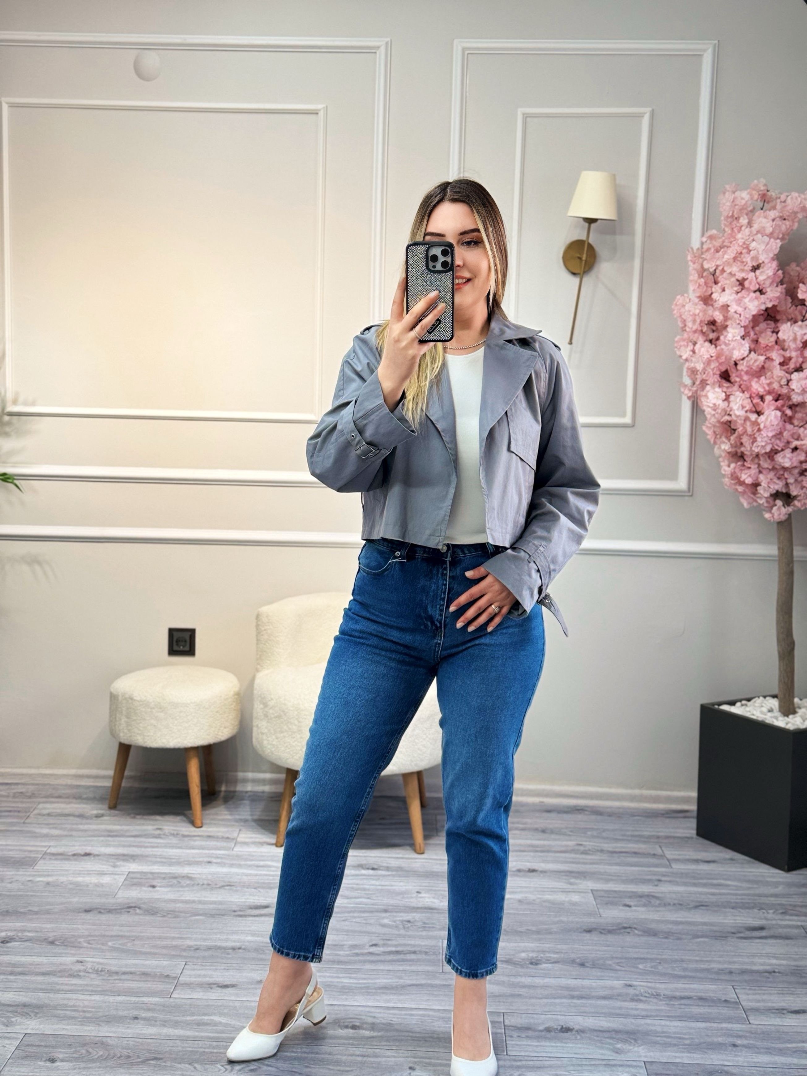 Dilvin Tokalı Crop Trençkot Gri