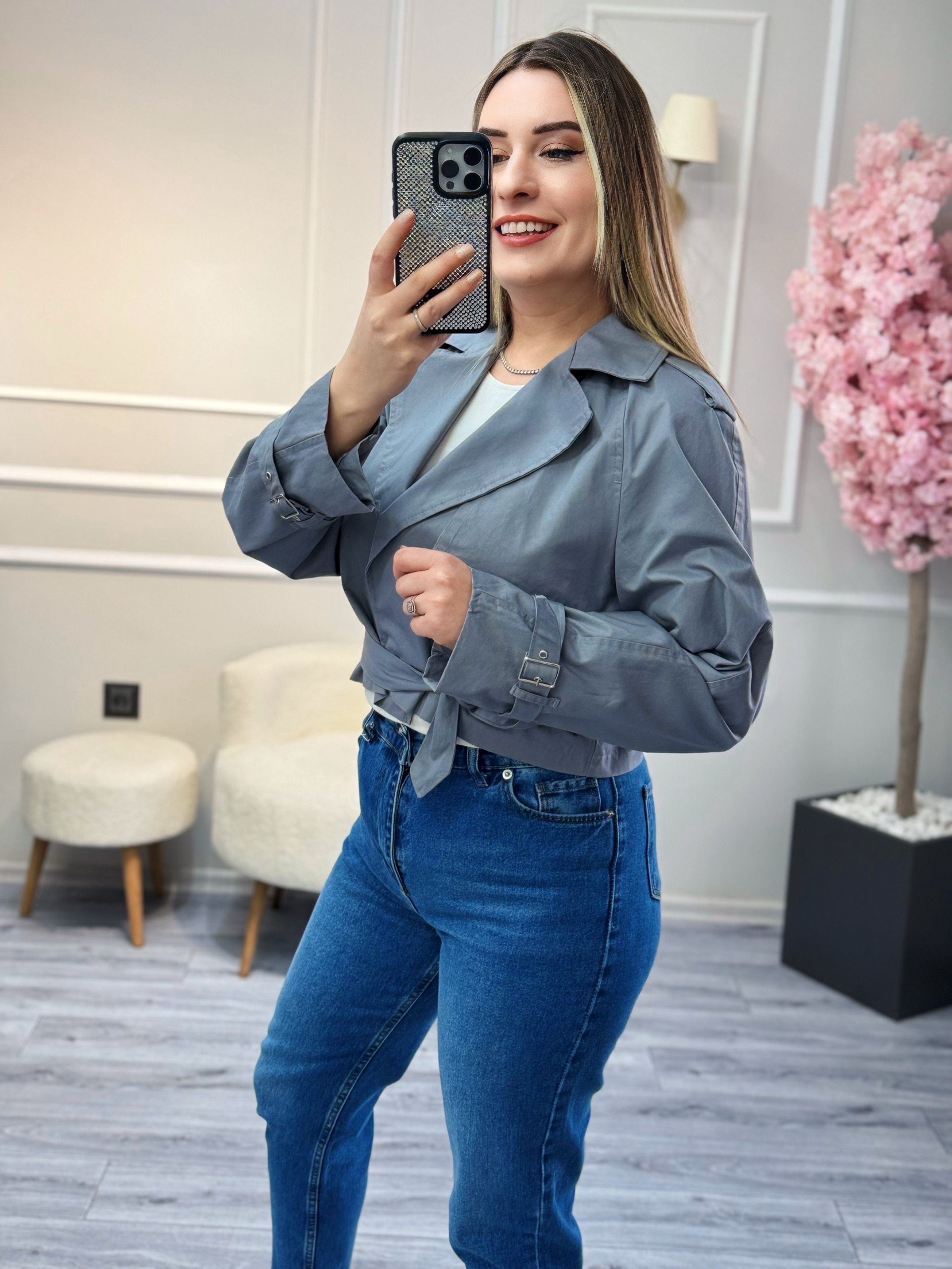 Dilvin Tokalı Crop Trençkot Gri