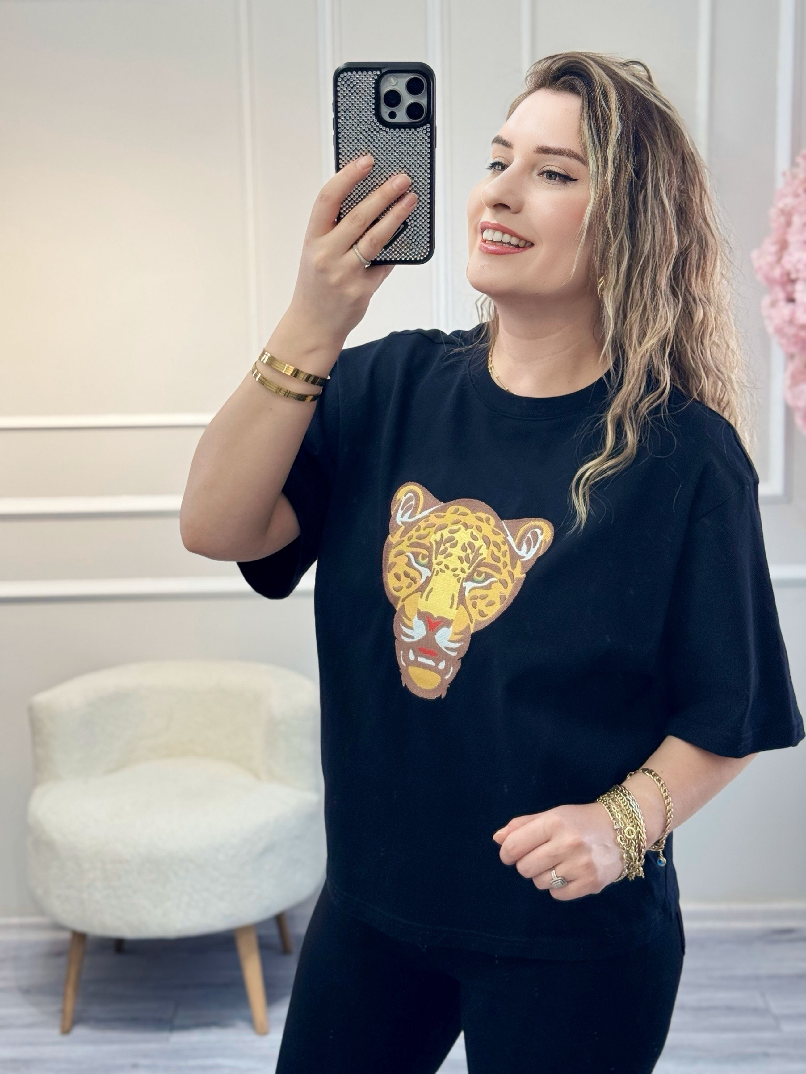 Siyah Kaplan Nakışlı Premium Tshirt