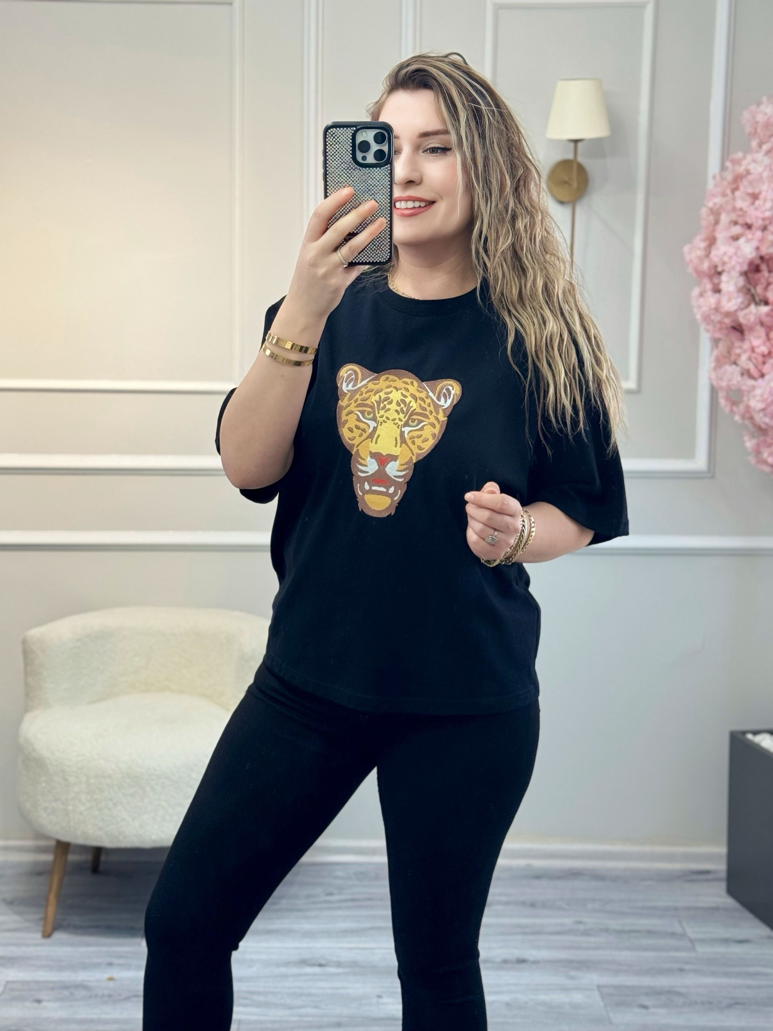 Siyah Kaplan Nakışlı Premium Tshirt
