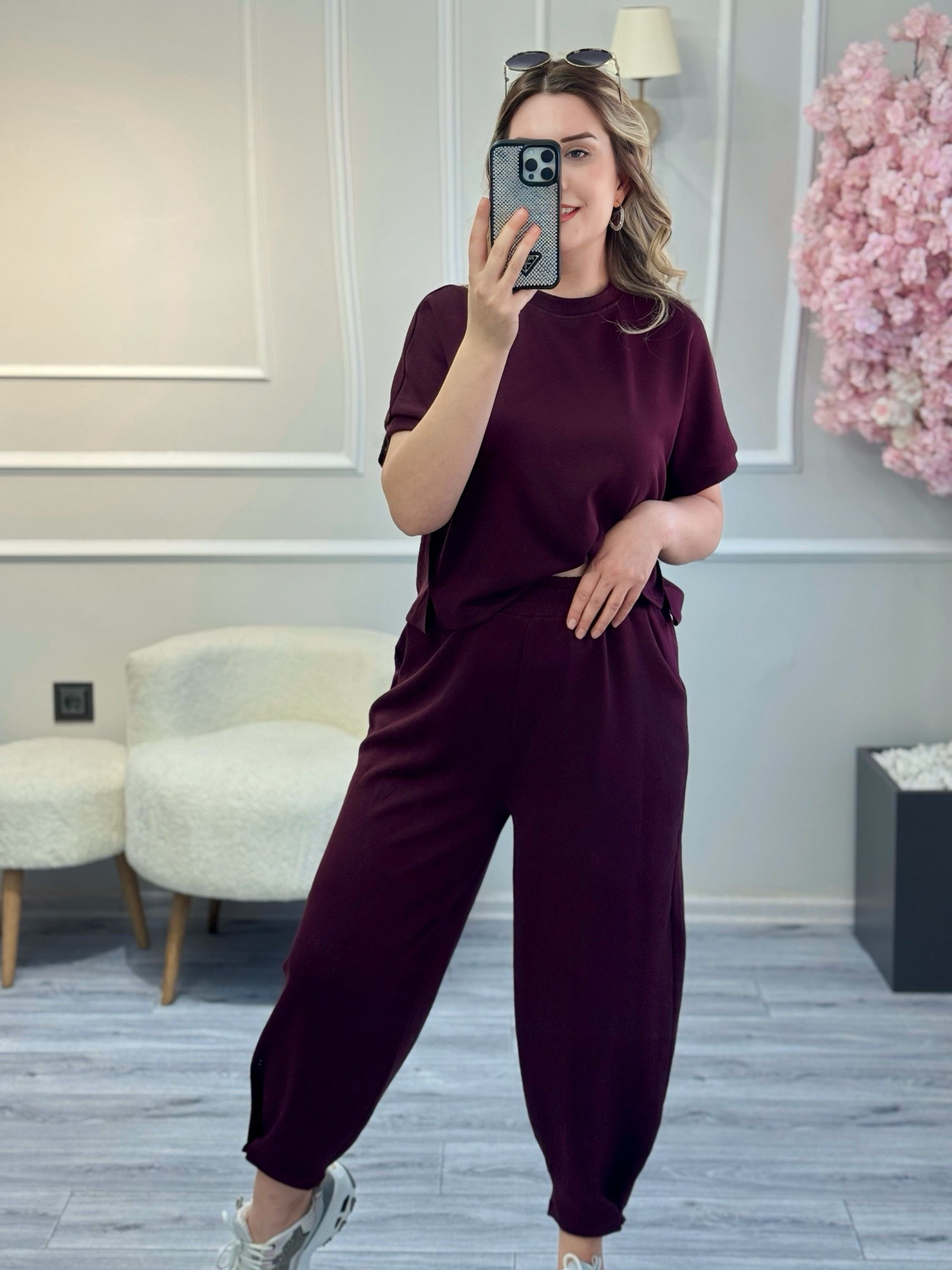 Premium Kalite Bordo Şalvar Pantolon Takım Bordo