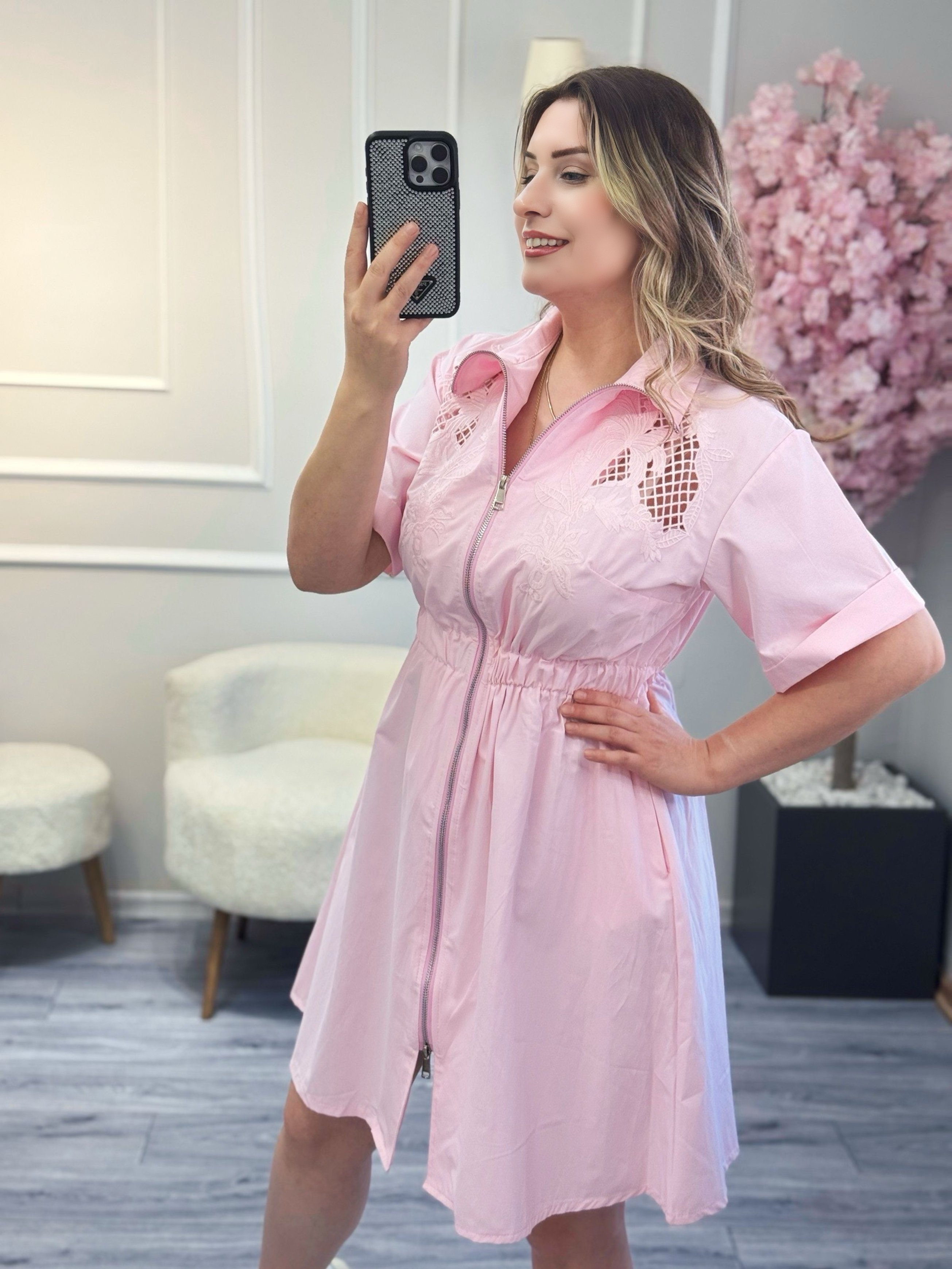 Brode Detaylı Elbise Pembe