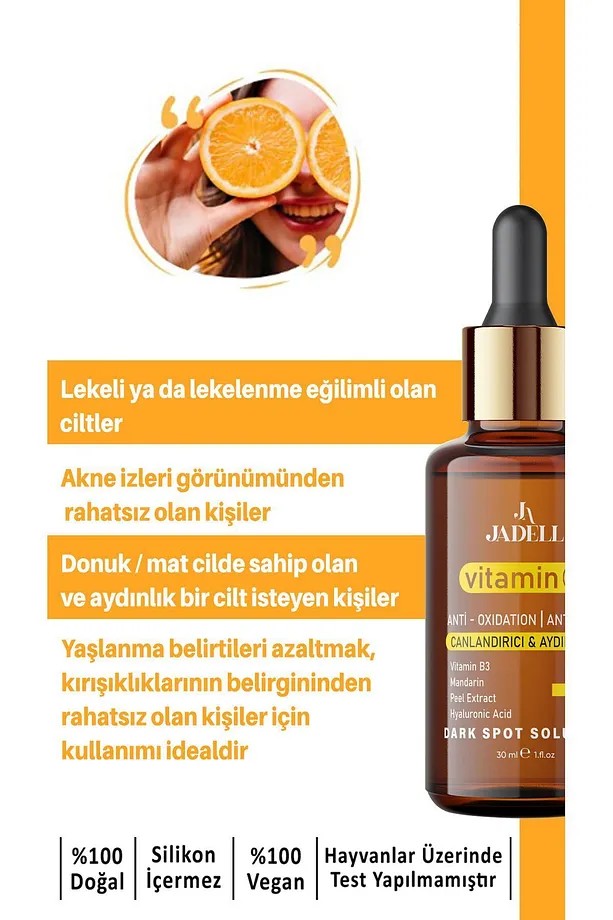 JADELL Vitamin C Hyaluronic Acid Canlandırıcı Ton Eşitleyici Cilt, Yüz ve Vücut Aydınlatıcı Vegan Yaşlanma Karşıtı Serum 30 ml