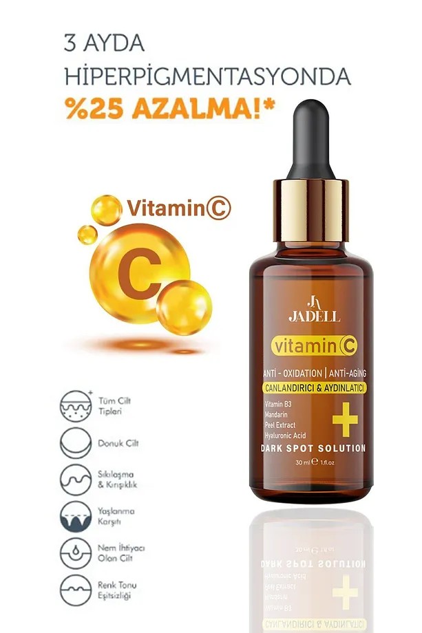 JADELL Vitamin C Hyaluronic Acid Canlandırıcı Ton Eşitleyici Cilt, Yüz ve Vücut Aydınlatıcı Vegan Yaşlanma Karşıtı Serum 30 ml