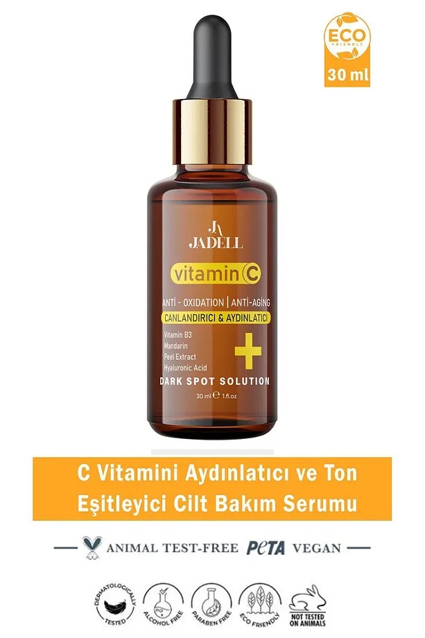 JADELL Vitamin C Hyaluronic Acid Canlandırıcı Ton Eşitleyici Cilt, Yüz ve Vücut Aydınlatıcı Vegan Yaşlanma Karşıtı Serum 30 ml