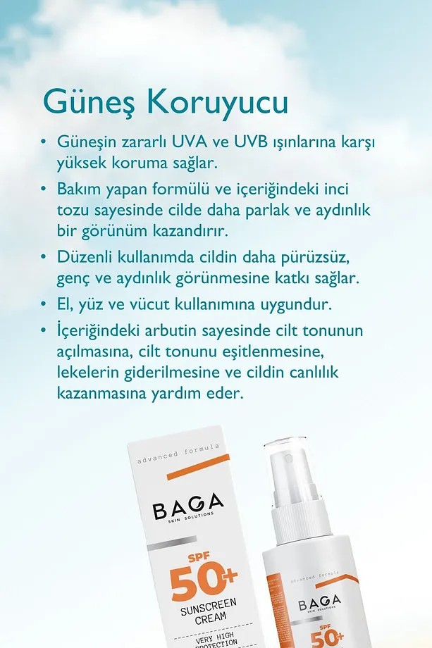 BAGA Güneş Koruyucu Krem Spf 50+ Doğal Vegan UVA ve UVB Işınlarına Karşı Koruma Güneş Kremi