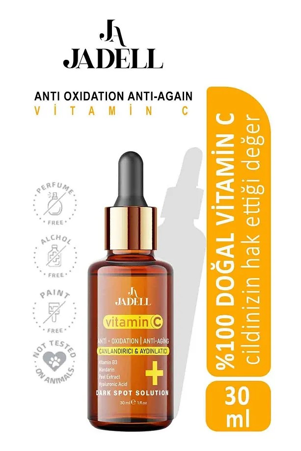 JADELL Vitamin C Hyaluronic Acid Canlandırıcı Ton Eşitleyici Cilt, Yüz ve Vücut Aydınlatıcı Vegan Yaşlanma Karşıtı Serum 30 ml