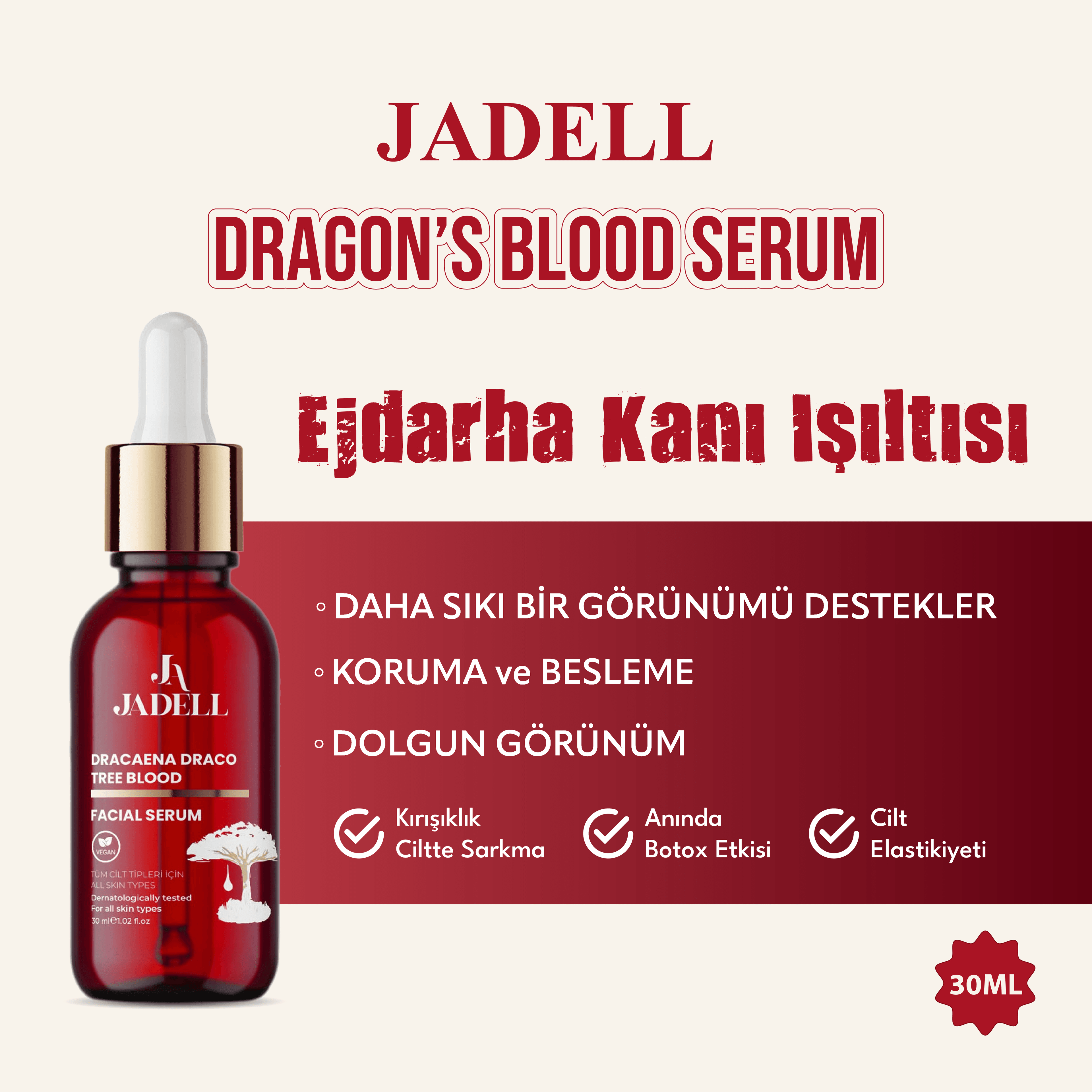 JADELL Botox Etkili Dragon's Facial Kışıklık Sarkma Sivilce Karşıtı Sıkılaştırıcı ve Aydınlatıcı Yüz Serumu 30 ml