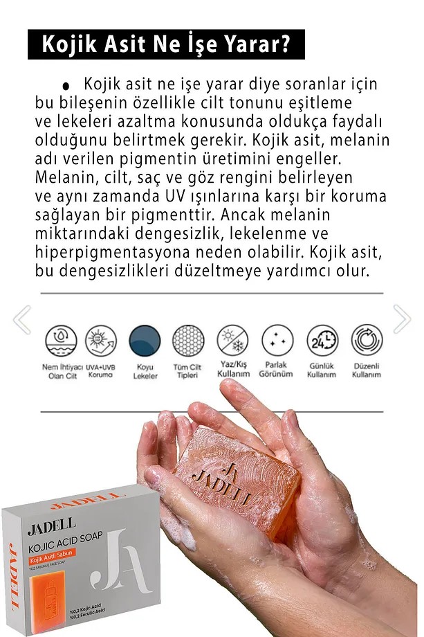 JADELL Kojik ve Ferulik Asit Özlü Aydınlatıcı Besleyici Nemlendirici Cilt Tonu Eşitleyici Leke Ve Kararma Karşıtı Sabun 100 GR