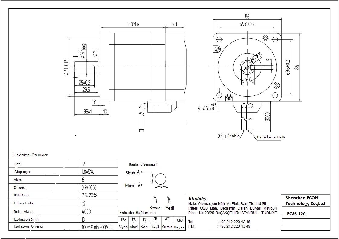 12 Nm Enkoderli Step Motor (EC86-120)