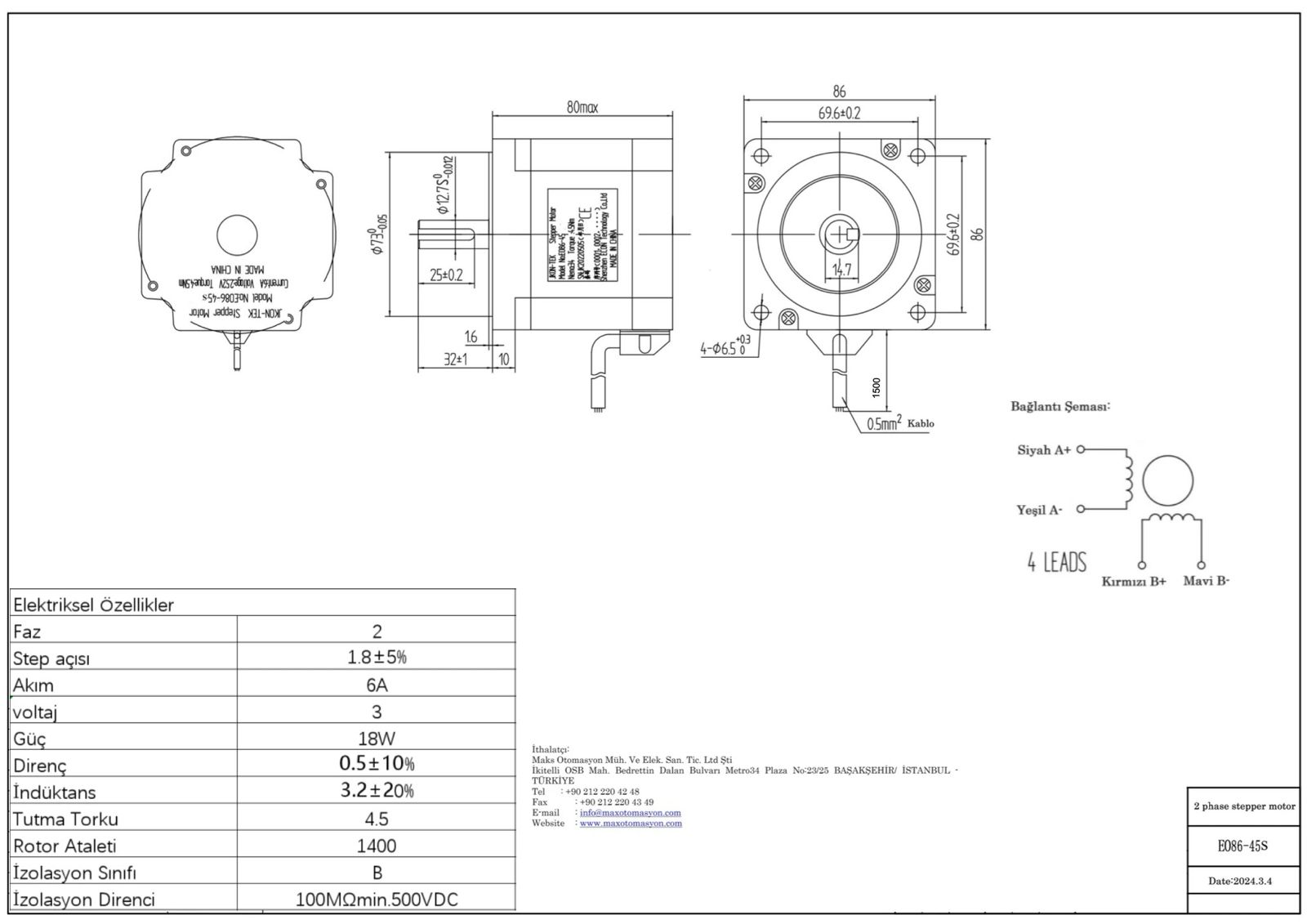 4.5 Nm Step Motor (EO86-45S)12.7mm milli
