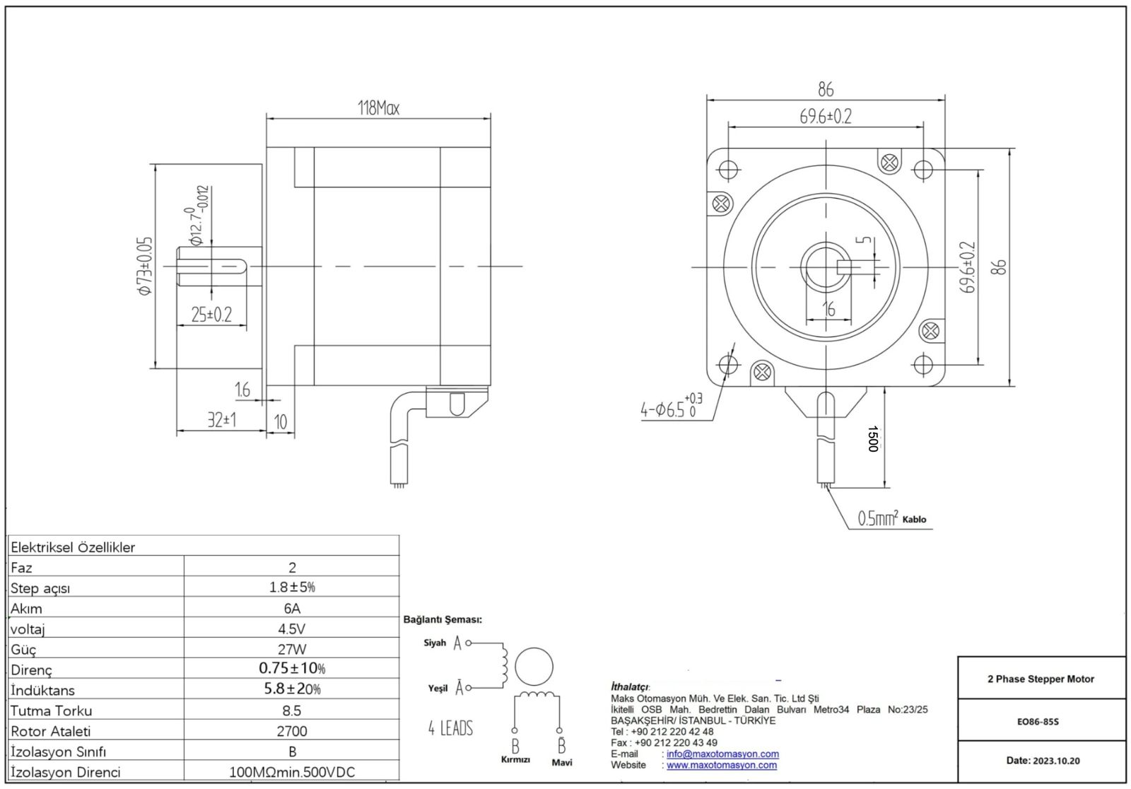 8.5 Nm Step Motor (EO86-85S)12.7mm milli