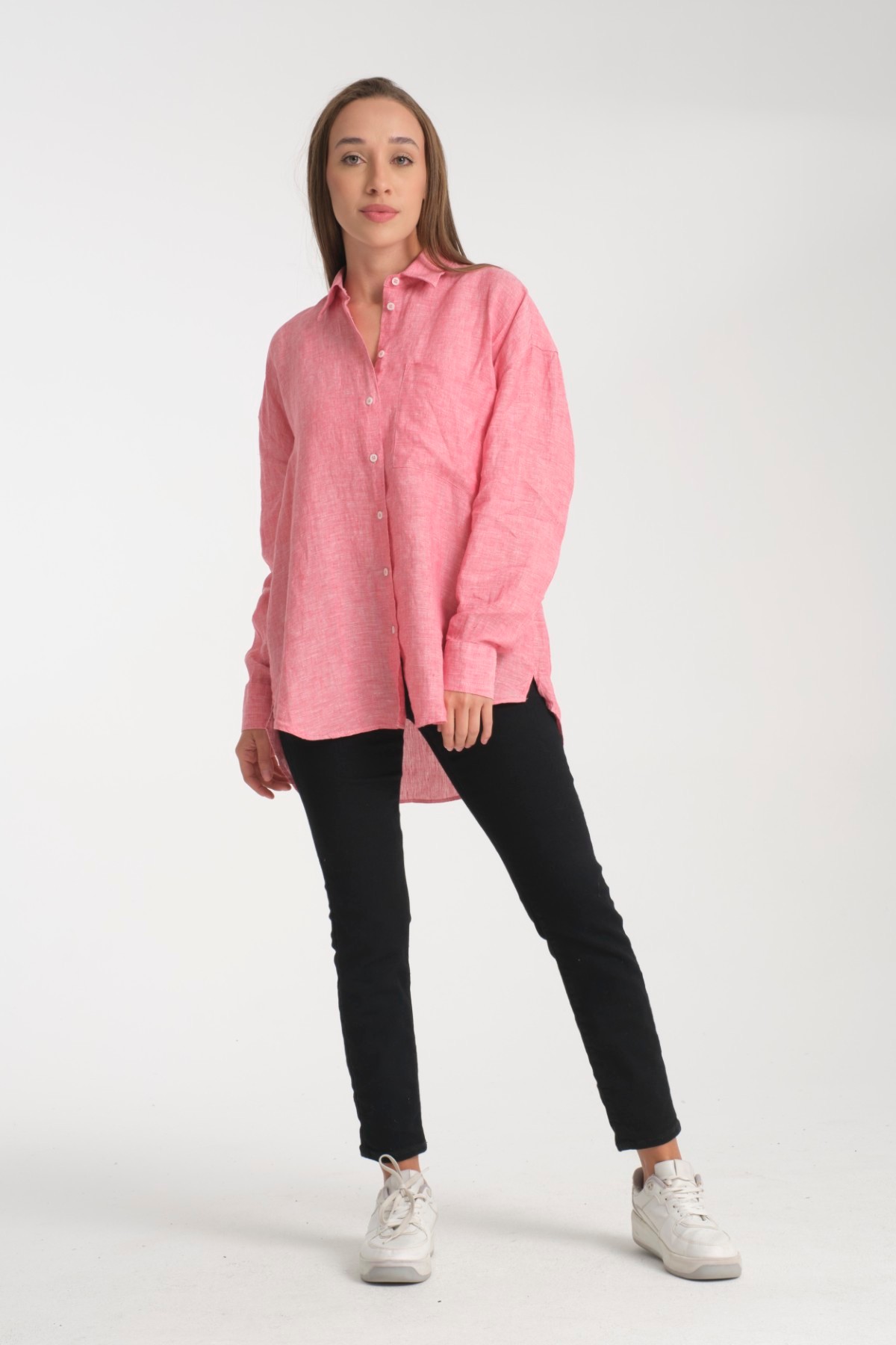 Kadın %100 Keten Oversize Rahat Kesim Uzun Kollu Gömlek – Doğal, Nefes Alabilir, Şık Tasarım 2001 - PEMBE
