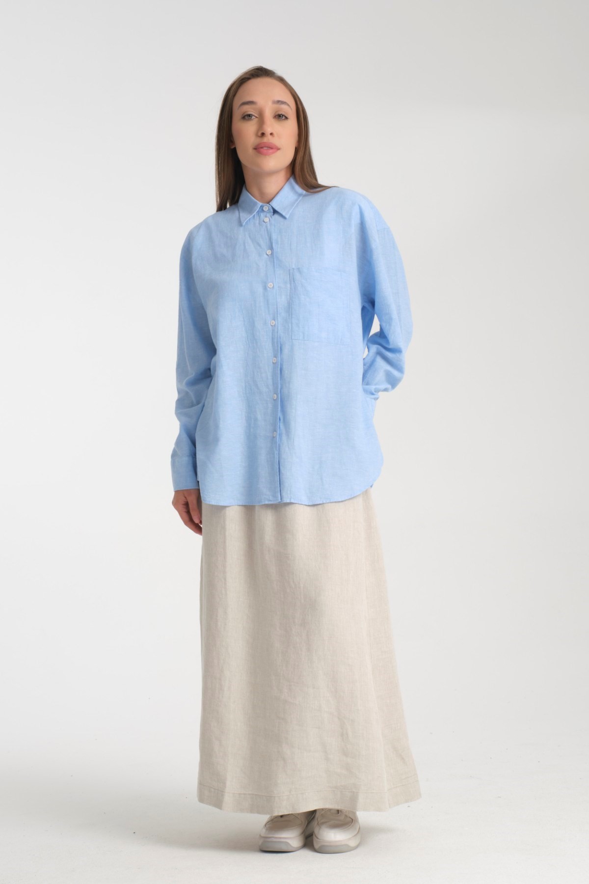 Doğal Dokulu Oversize Kadın Gömlek – %50 Keten %50 Pamuk, Uzun Kollu, Konforlu Stil 2002 - BUZ MAVİ