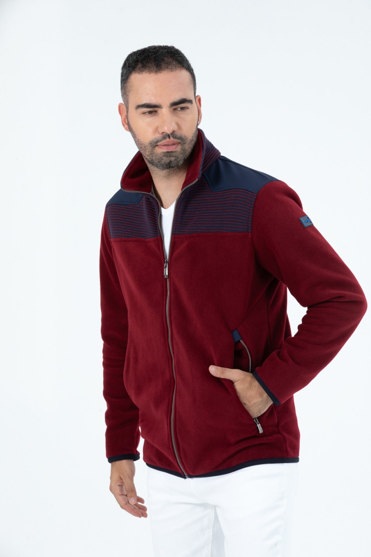 Erkek Anti-pilling Tüylenme Yapmayan Soğuga Dayanıklı Tam Fermuarlı Dik Yaka Sweatshirt Polar Ceket  - BORDO