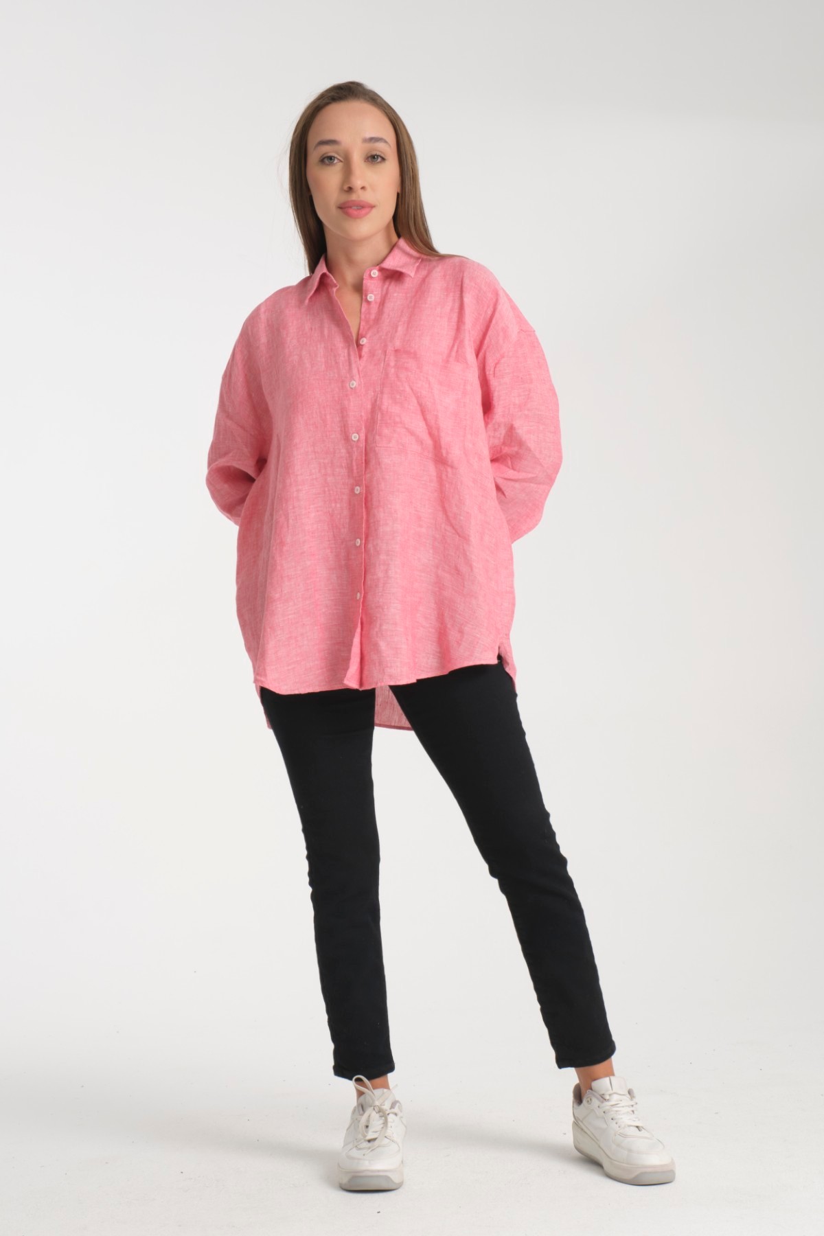Kadın %100 Keten Oversize Rahat Kesim Uzun Kollu Gömlek – Doğal, Nefes Alabilir, Şık Tasarım 2001 - PEMBE