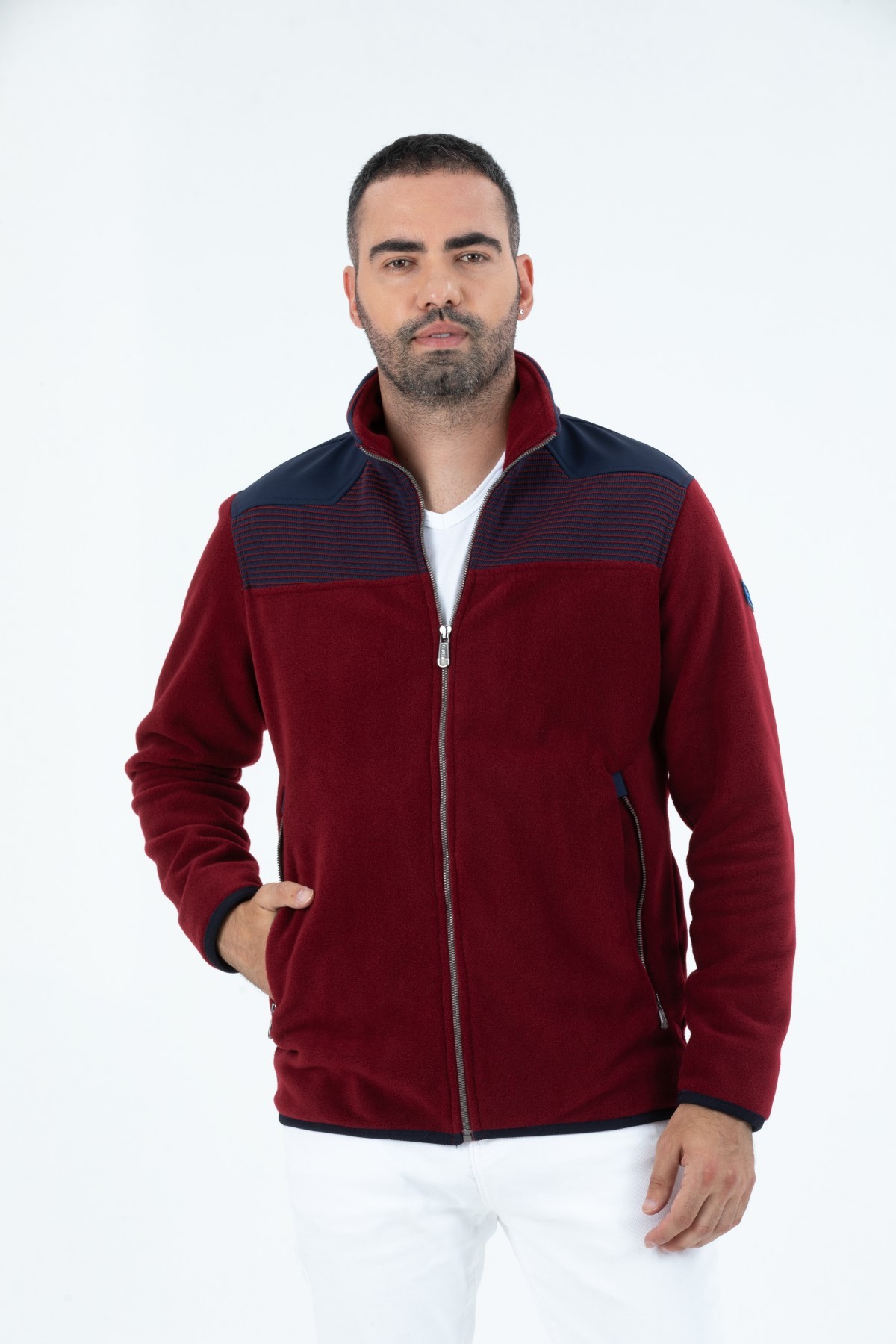 Erkek Anti-pilling Tüylenme Yapmayan Soğuga Dayanıklı Tam Fermuarlı Dik Yaka Sweatshirt Polar Ceket  - BORDO