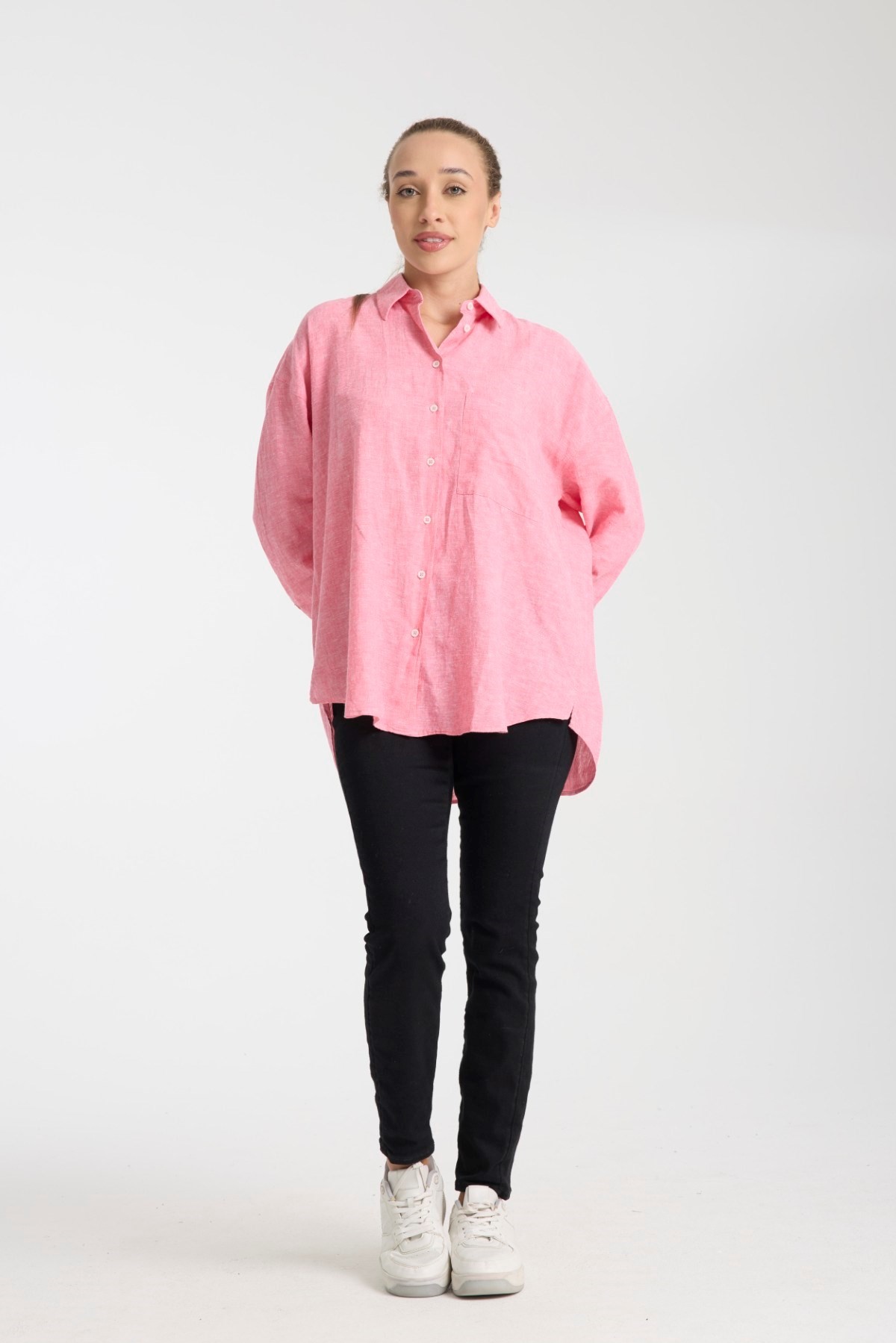 Doğal Dokulu Oversize Kadın Gömlek – %50 Keten %50 Pamuk, Uzun Kollu, Konforlu Stil 2002 - PEMBE