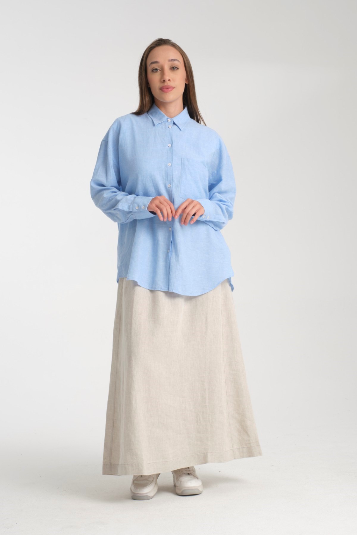 Doğal Dokulu Oversize Kadın Gömlek – %50 Keten %50 Pamuk, Uzun Kollu, Konforlu Stil 2002 - BUZ MAVİ
