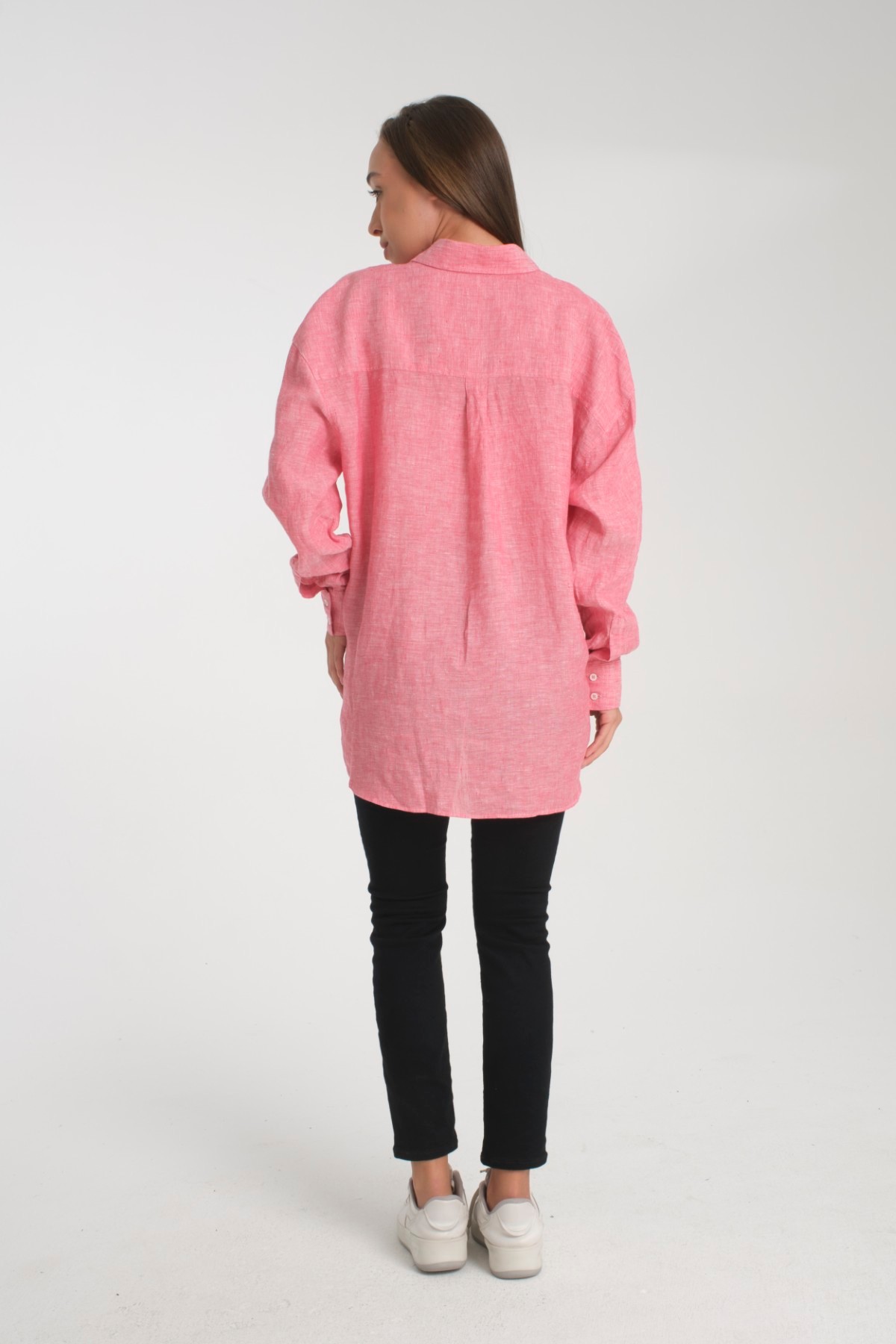 Kadın %100 Keten Oversize Rahat Kesim Uzun Kollu Gömlek – Doğal, Nefes Alabilir, Şık Tasarım 2001 - PEMBE