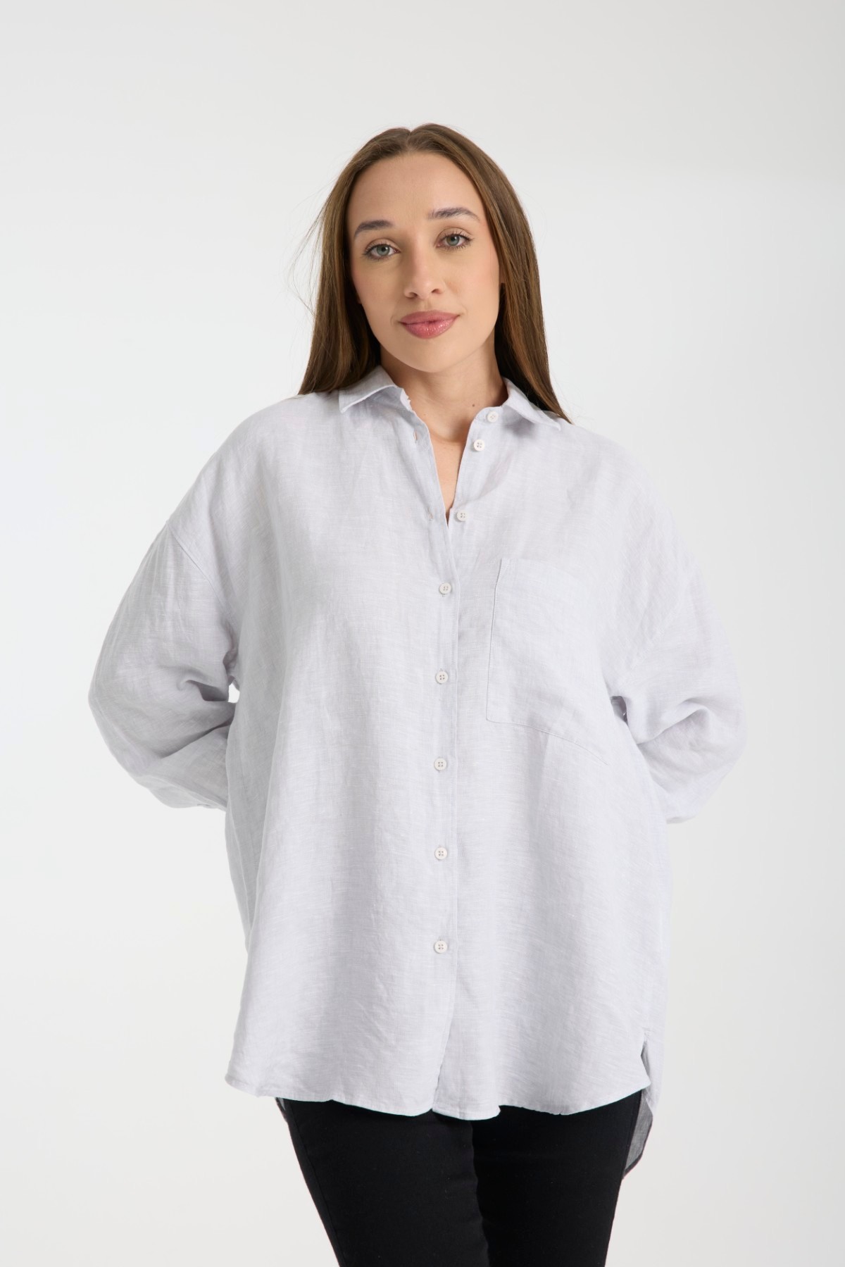 Kadın %100 Keten Oversize Rahat Kesim Uzun Kollu Gömlek – Doğal, Nefes Alabilir, Şık Tasarım 2001 - GRİ