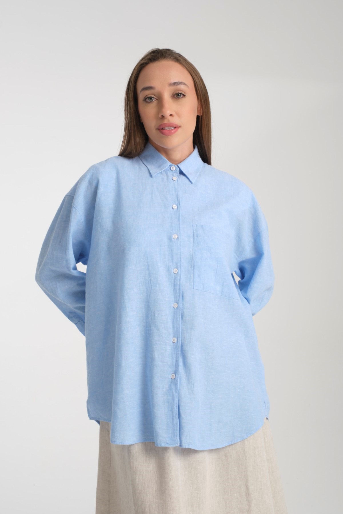 Doğal Dokulu Oversize Kadın Gömlek – %50 Keten %50 Pamuk, Uzun Kollu, Konforlu Stil 2002 - BUZ MAVİ
