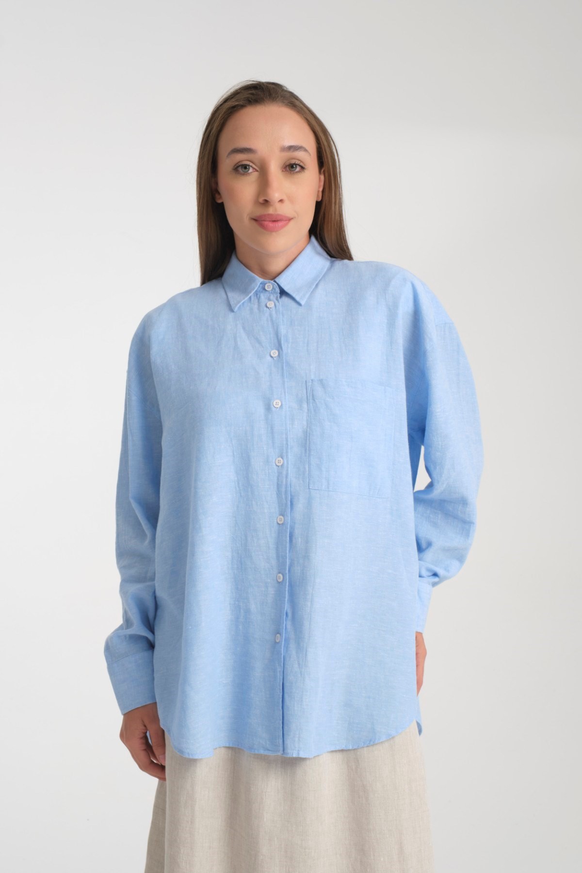 Doğal Dokulu Oversize Kadın Gömlek – %50 Keten %50 Pamuk, Uzun Kollu, Konforlu Stil 2002 - BUZ MAVİ