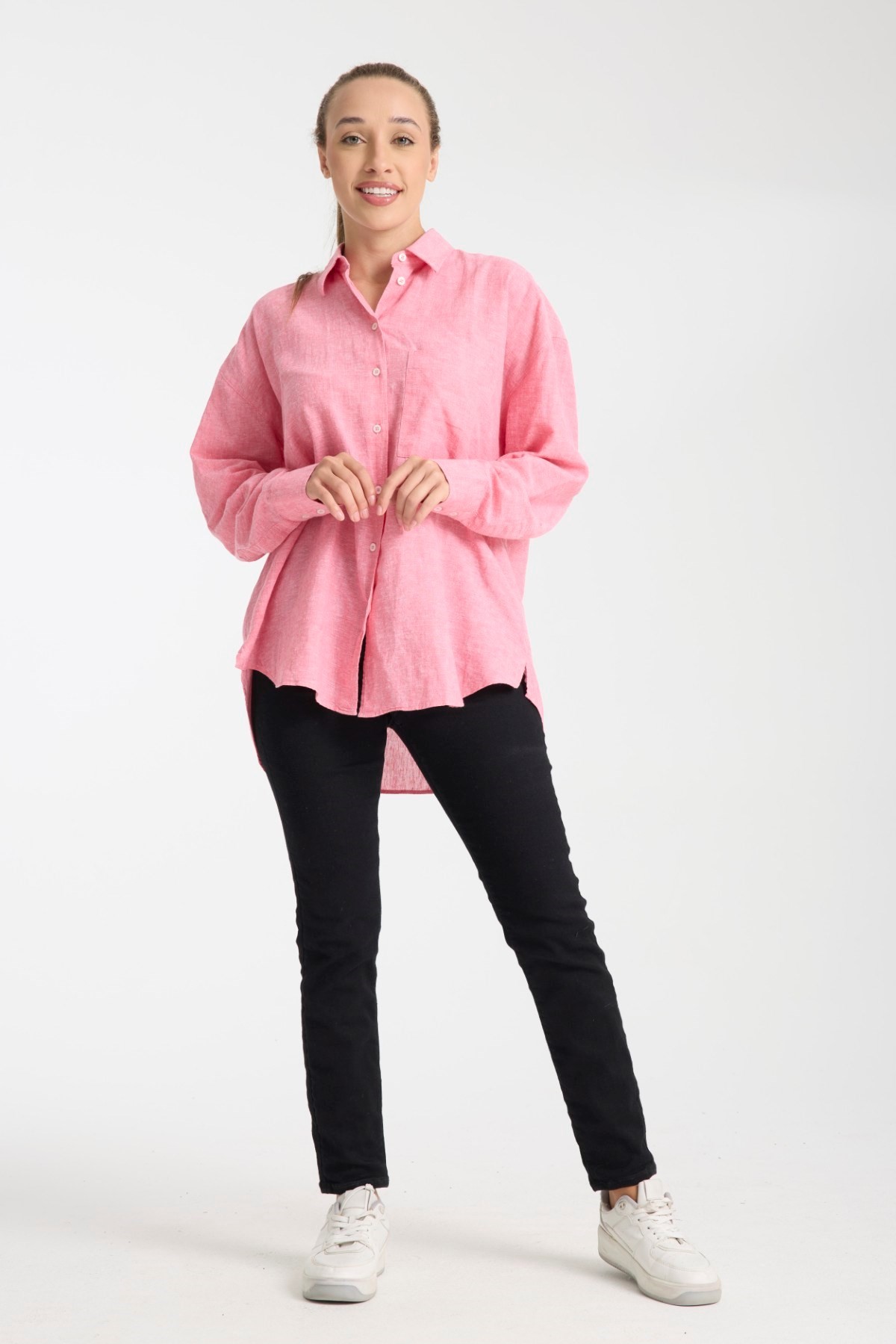 Doğal Dokulu Oversize Kadın Gömlek – %50 Keten %50 Pamuk, Uzun Kollu, Konforlu Stil 2002 - PEMBE