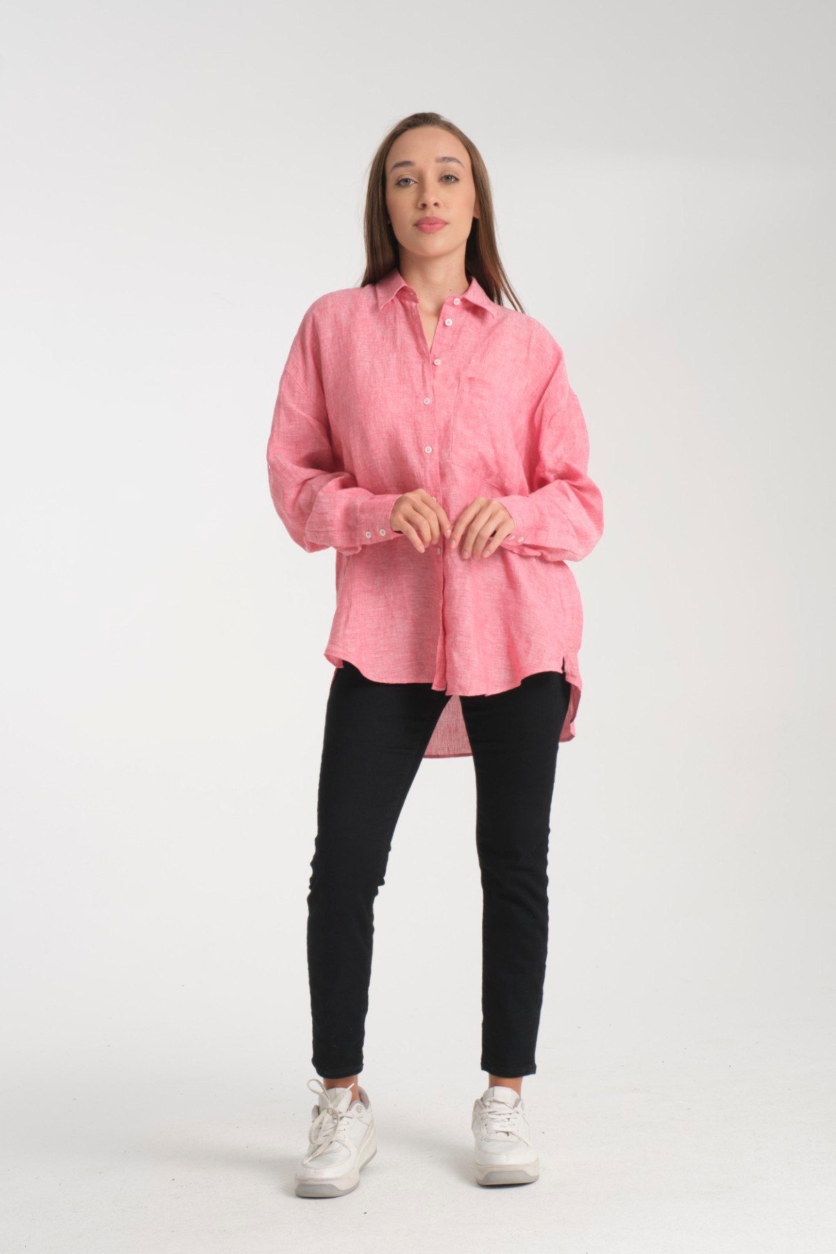Kadın %100 Keten Oversize Rahat Kesim Uzun Kollu Gömlek – Doğal, Nefes Alabilir, Şık Tasarım 2001 - PEMBE