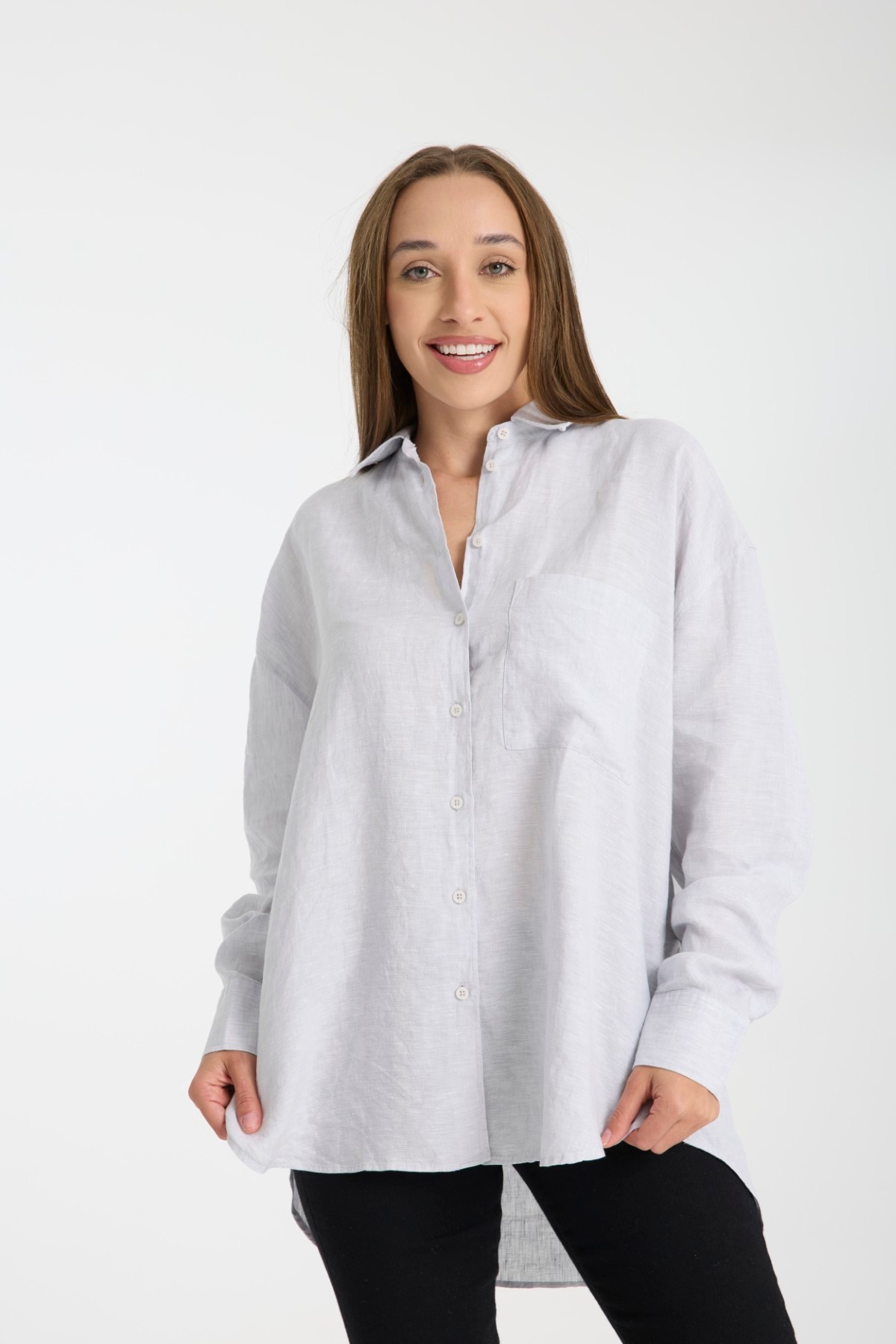 Kadın %100 Keten Oversize Rahat Kesim Uzun Kollu Gömlek – Doğal, Nefes Alabilir, Şık Tasarım 2001 - GRİ