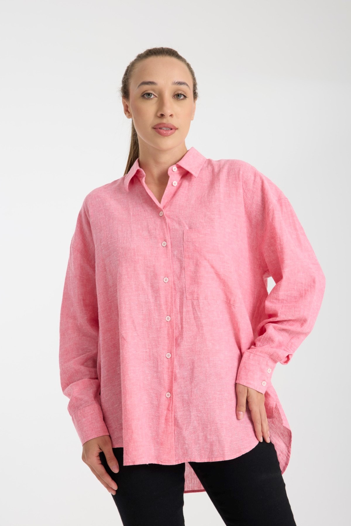 Doğal Dokulu Oversize Kadın Gömlek – %50 Keten %50 Pamuk, Uzun Kollu, Konforlu Stil 2002 - PEMBE