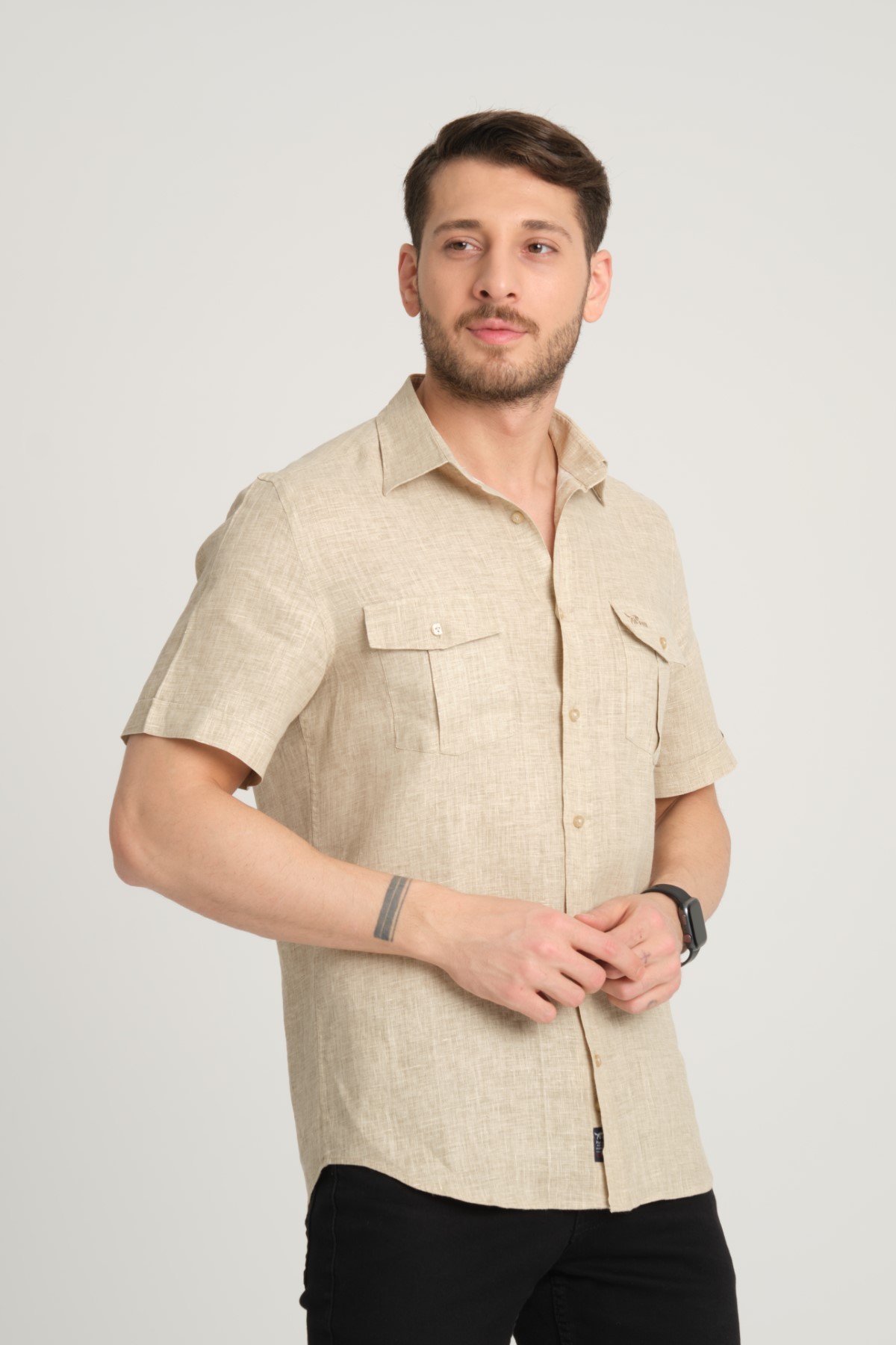 G-FOX Erkek Regular Fit Çift Cepli Klasik Yaka Kısa Kollu %100 Keten Gömlek 1983