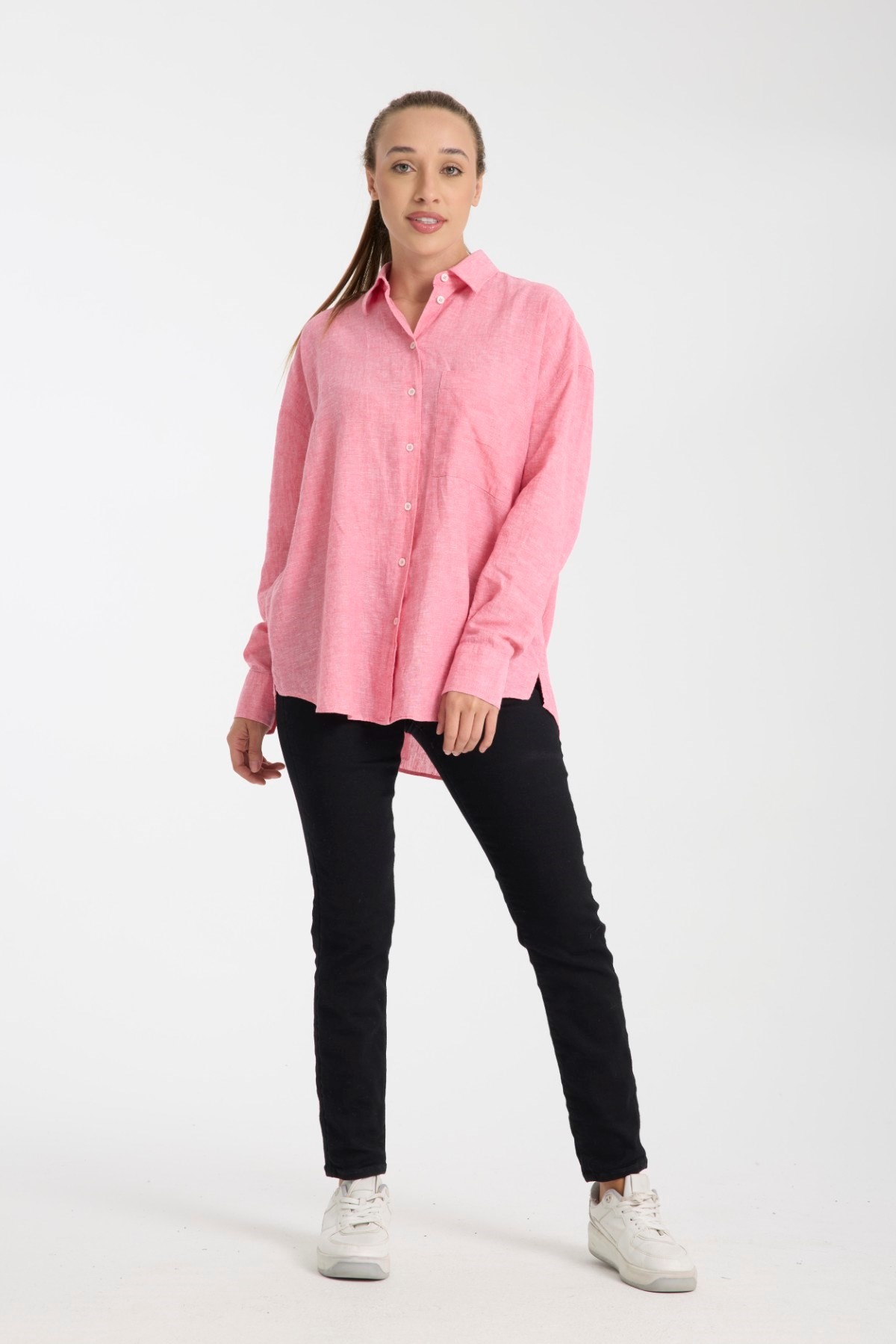 Doğal Dokulu Oversize Kadın Gömlek – %50 Keten %50 Pamuk, Uzun Kollu, Konforlu Stil 2002 - PEMBE