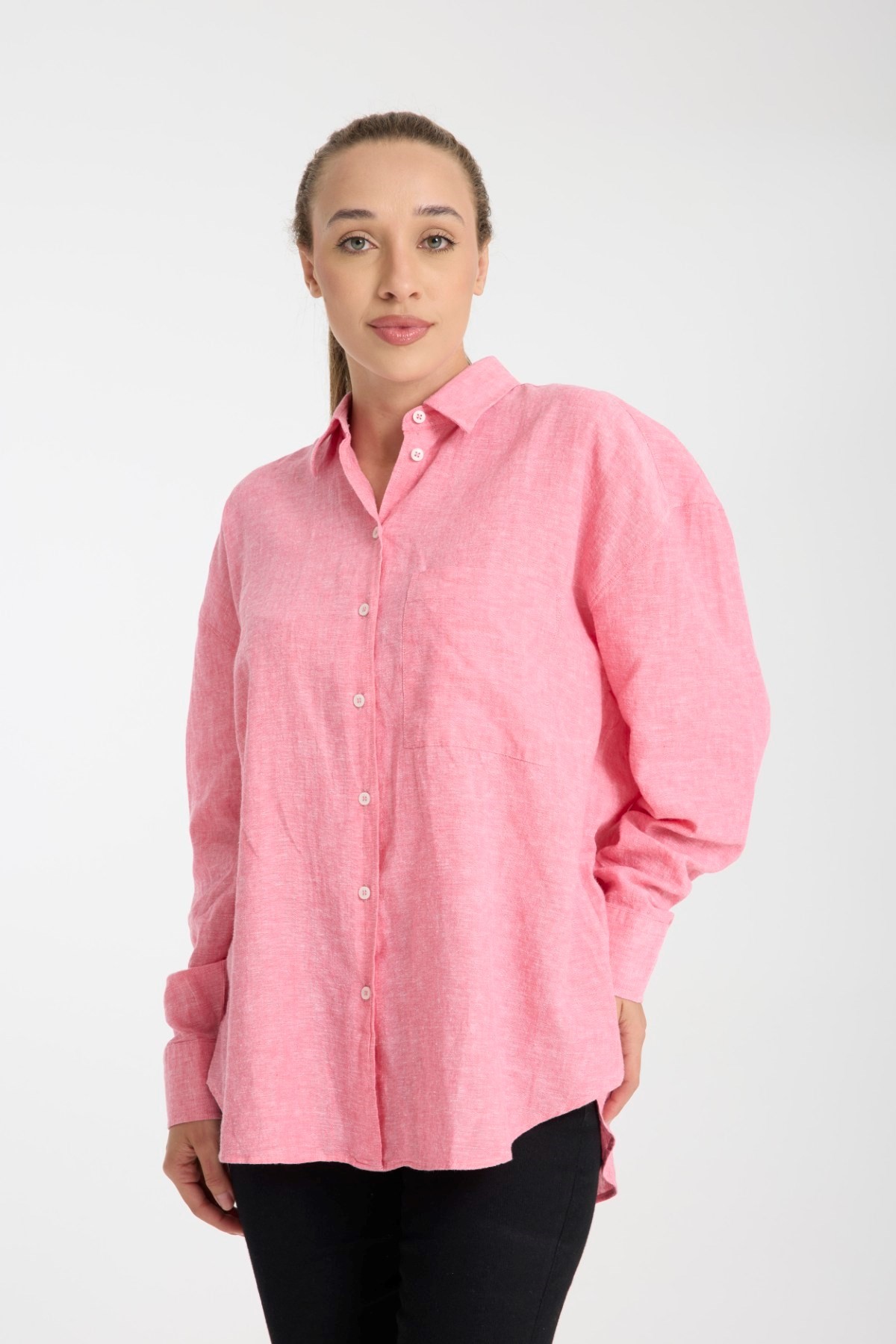 Doğal Dokulu Oversize Kadın Gömlek – %50 Keten %50 Pamuk, Uzun Kollu, Konforlu Stil 2002 - PEMBE