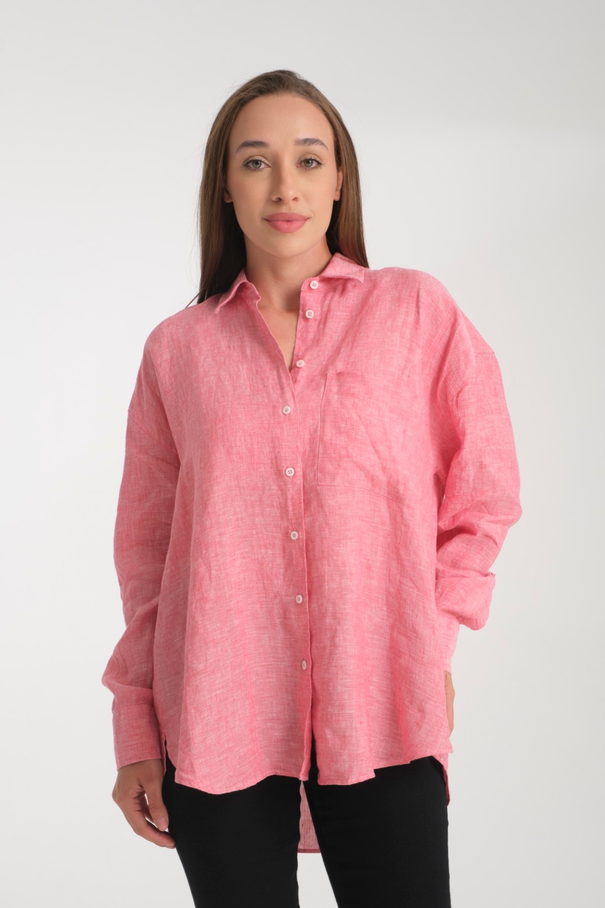 Kadın %100 Keten Oversize Rahat Kesim Uzun Kollu Gömlek – Doğal, Nefes Alabilir, Şık Tasarım 2001 - PEMBE