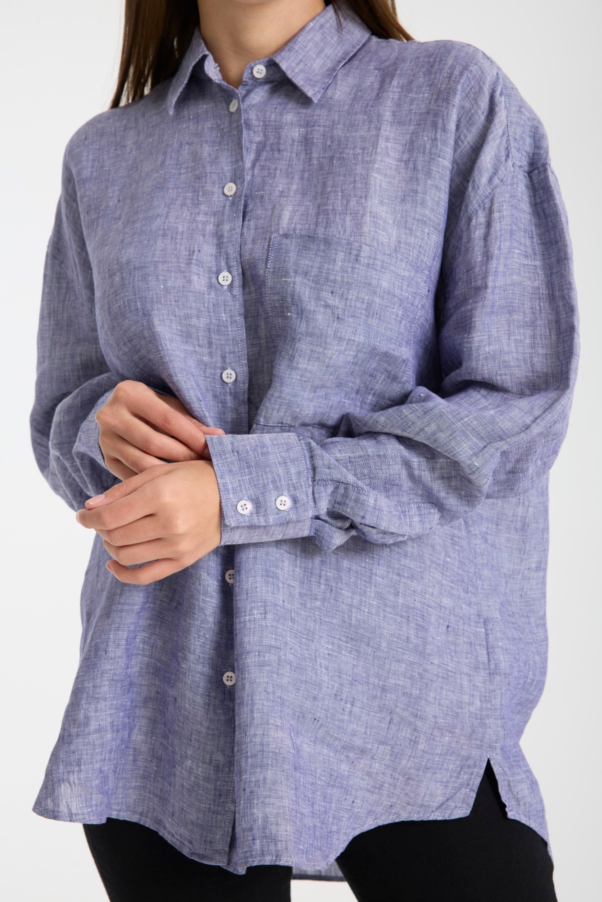 Kadın %100 Keten Oversize Rahat Kesim Uzun Kollu Gömlek – Doğal, Nefes Alabilir, Şık Tasarım 2001 - LİLA