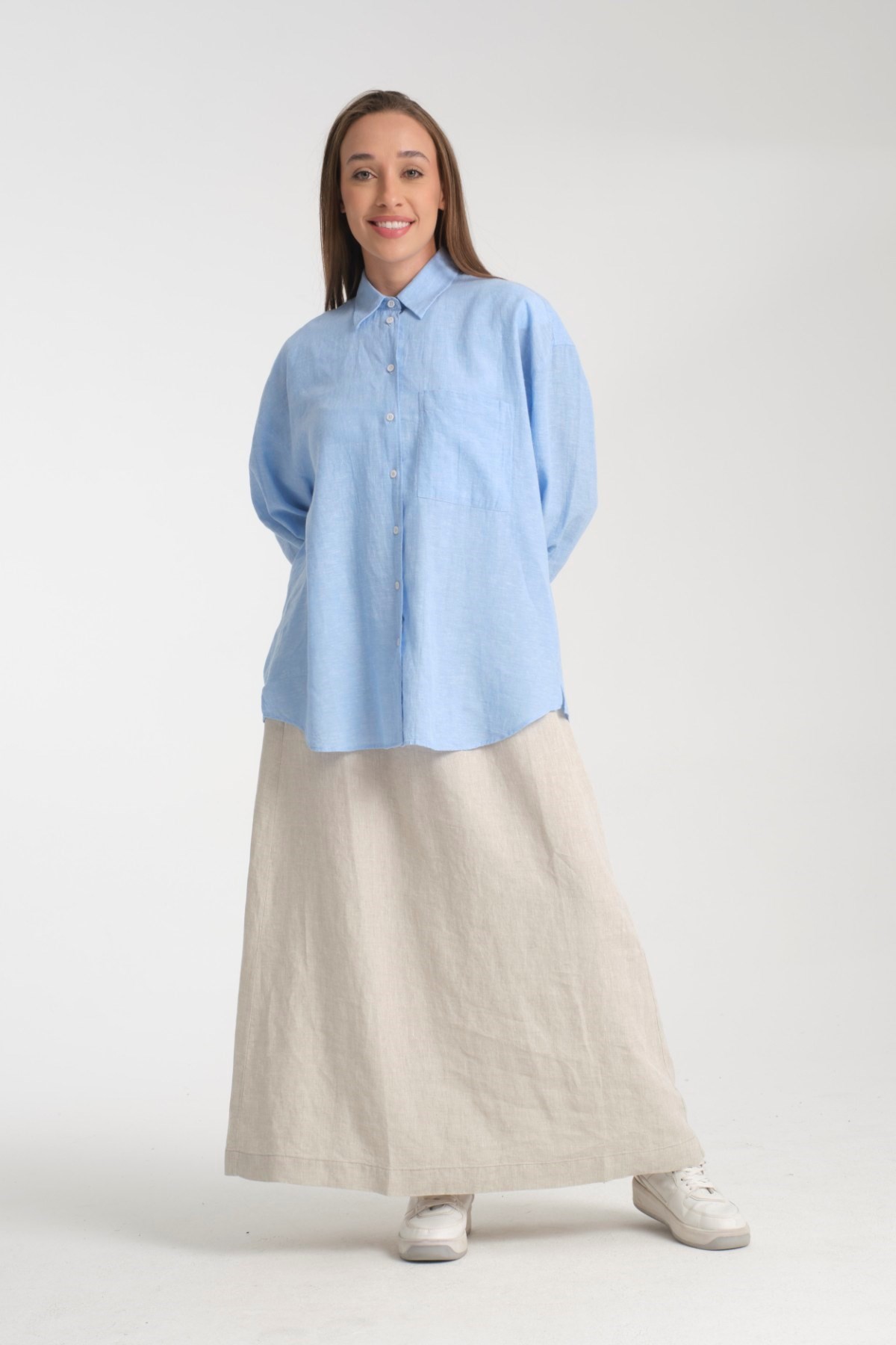 Doğal Dokulu Oversize Kadın Gömlek – %50 Keten %50 Pamuk, Uzun Kollu, Konforlu Stil 2002 - BUZ MAVİ