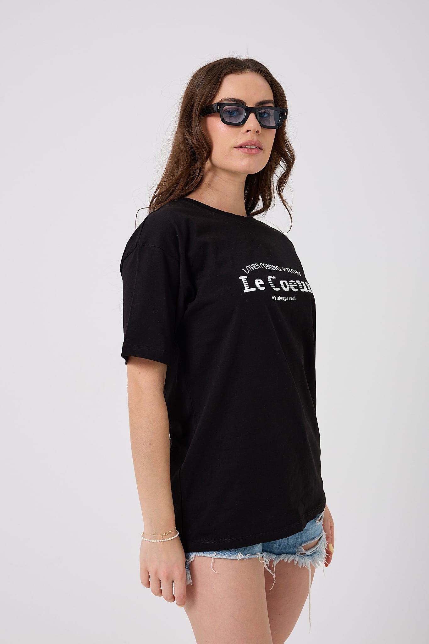 4615-Oversize Le Coeur Yazı Baskılı T-Shirt