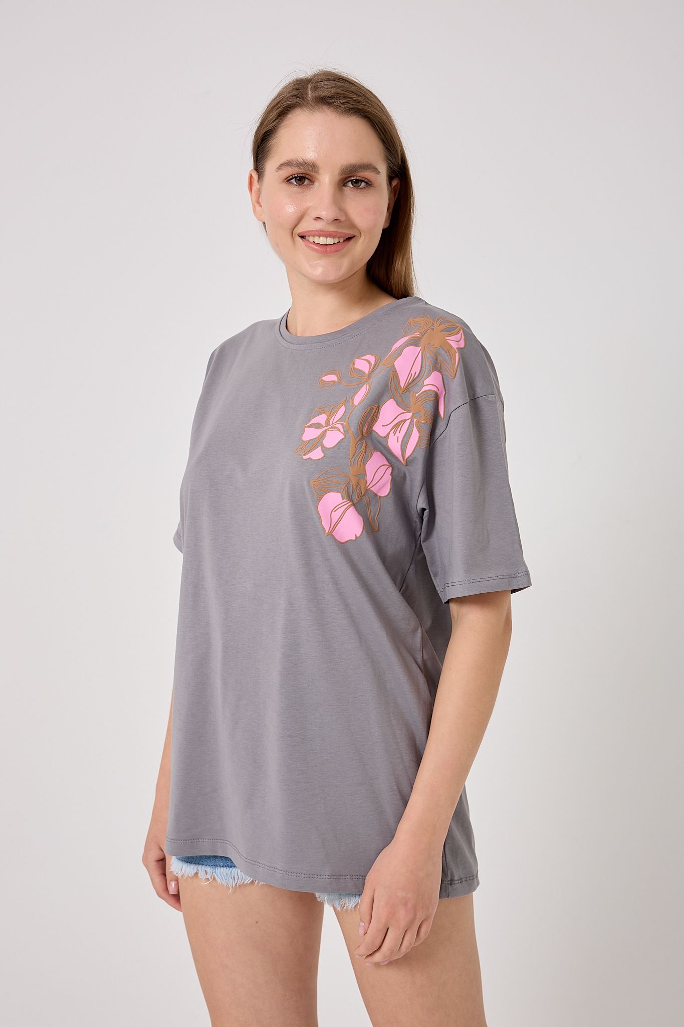 4626 - Oversize Omuz Çiçek Baskılı T-Shirt