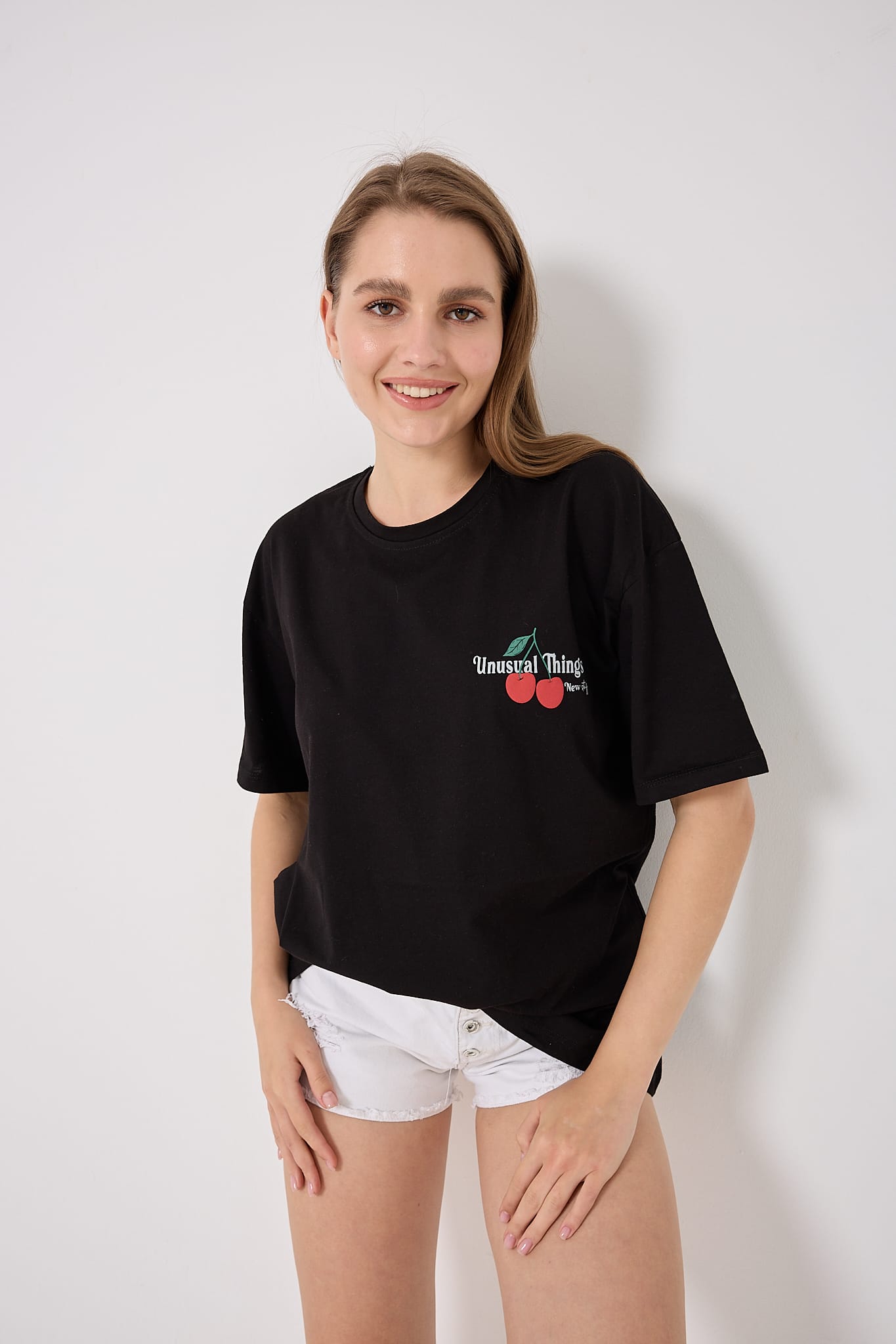 4611 - Oversize Kiraz Baskılı T-Shirt
