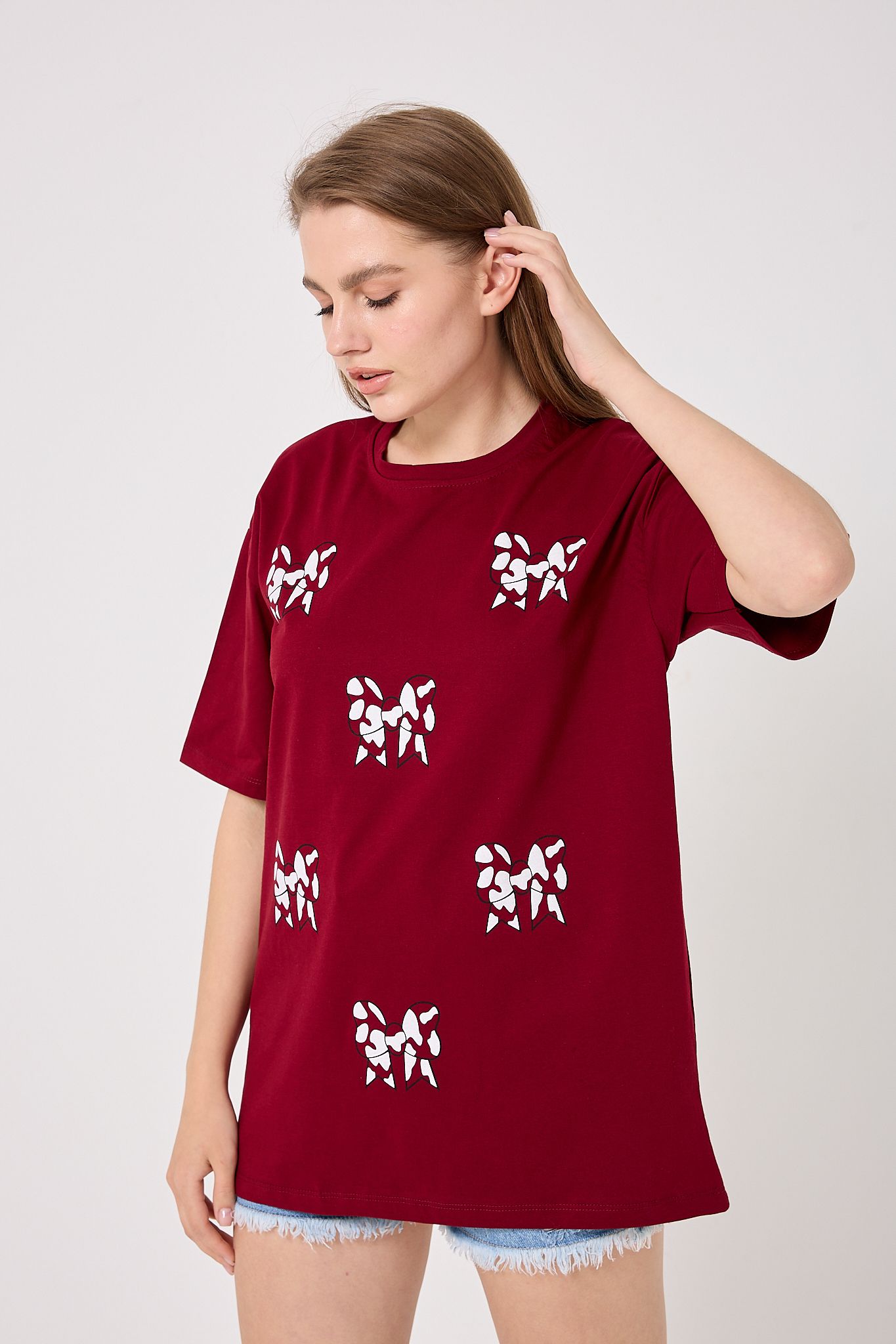 4610-Oversize Fiyonk Baskılı T-Shirt - Bordo