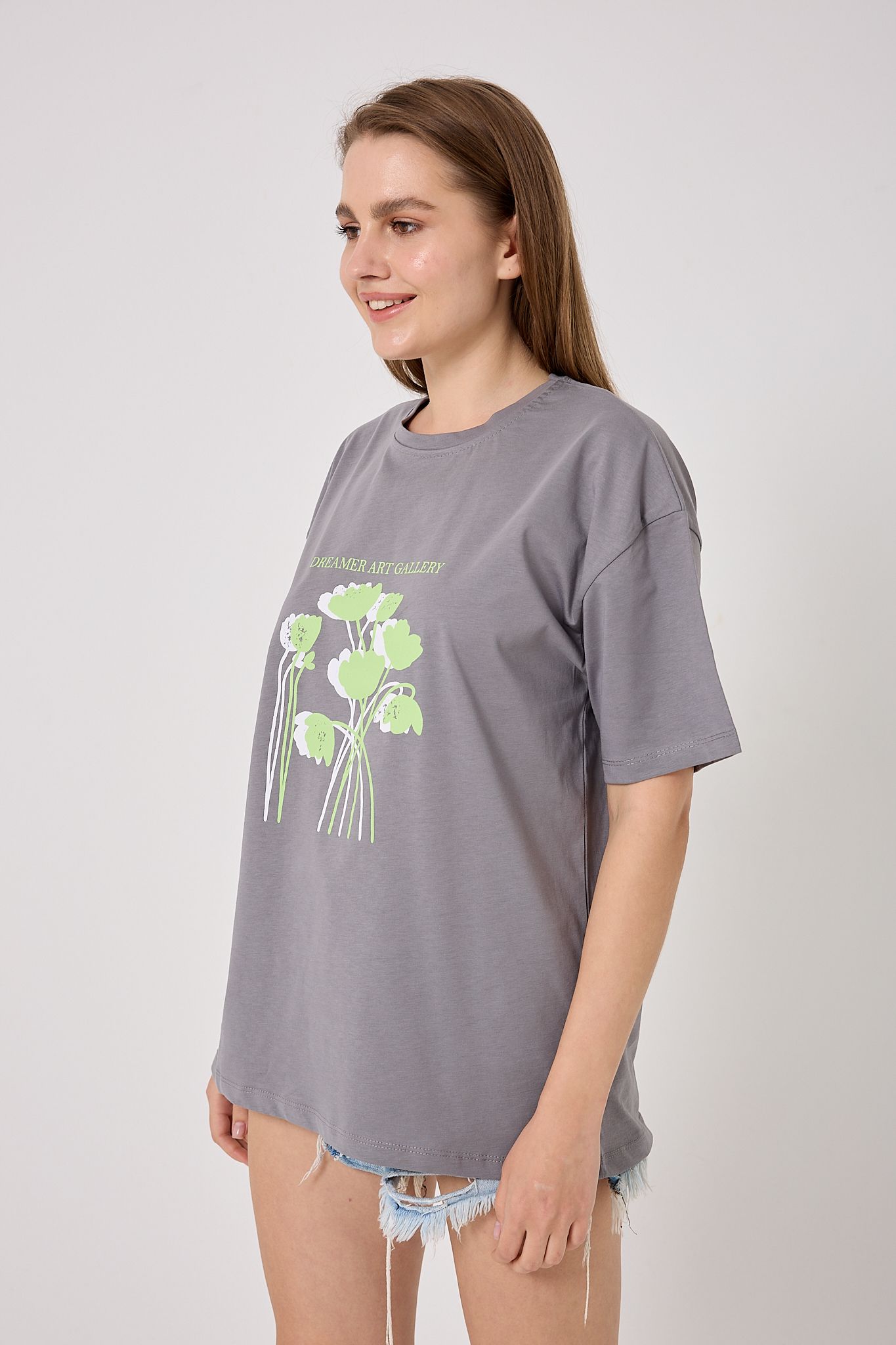 4614-Oversize DREAMER ART GALLERY Yazı Baskılı T-Shirt