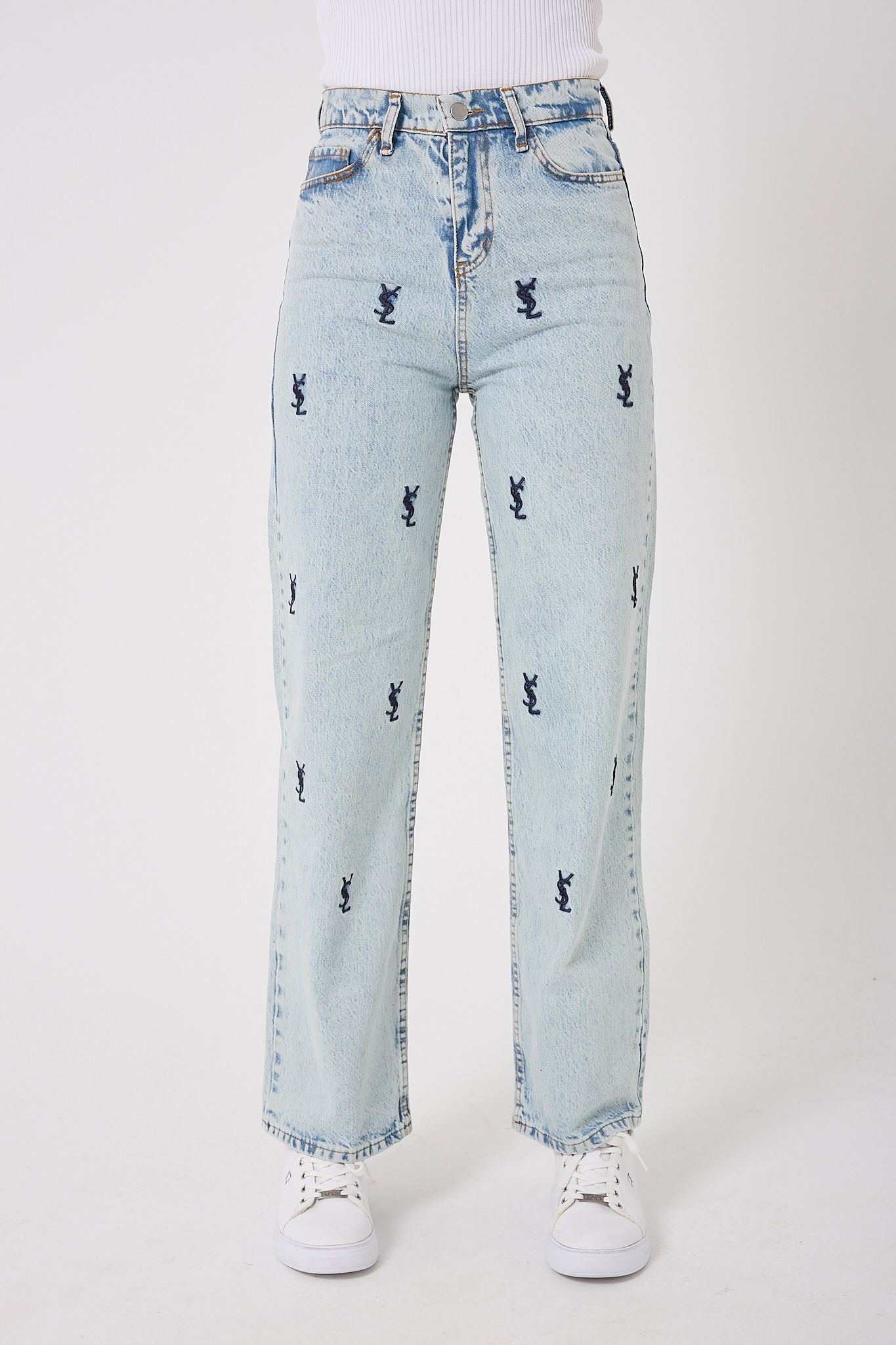  4602- Y S L Nakışlı Denim Palazzo Pantolon