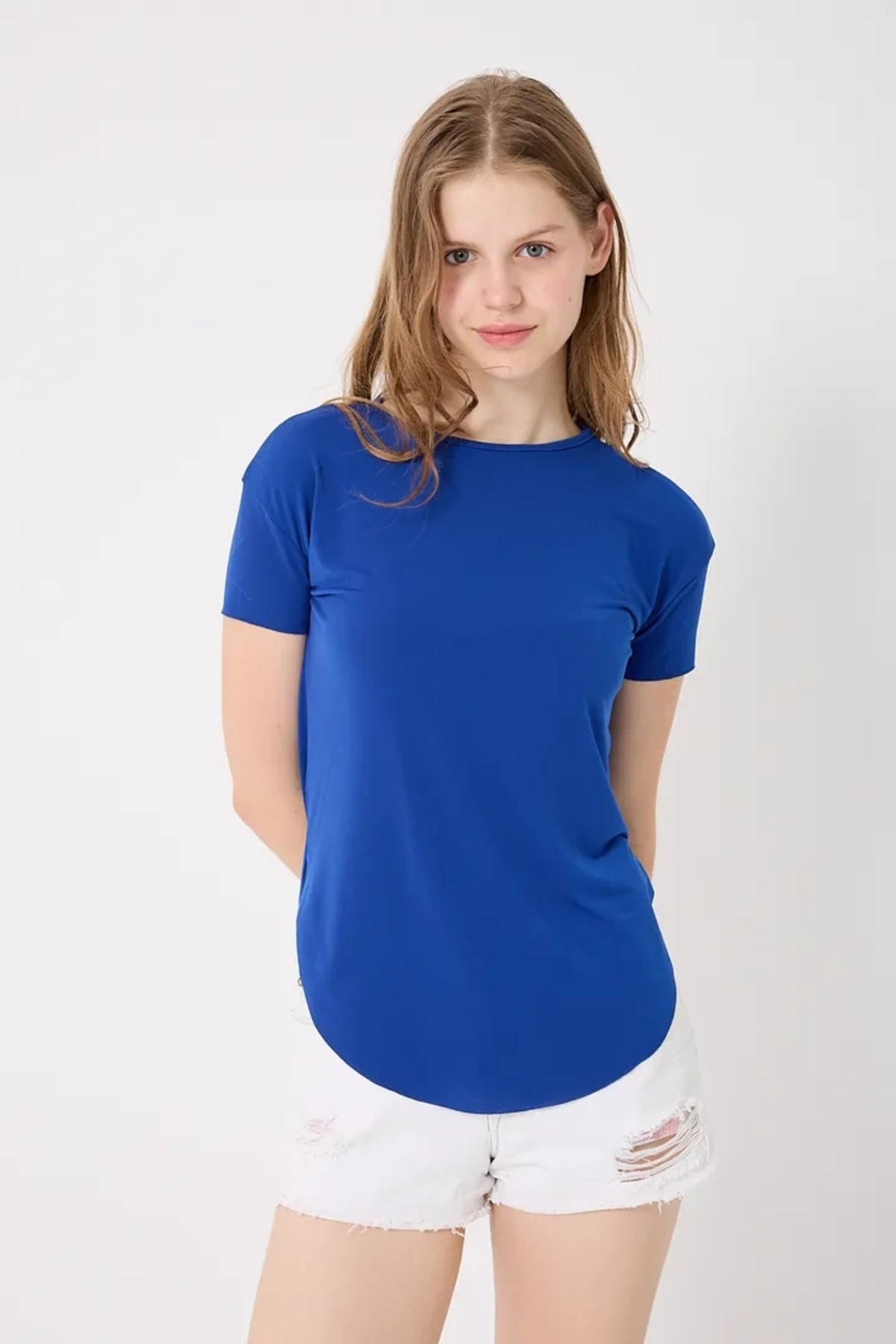 4650-Bisiklet Yaka T-Shirt - Saks