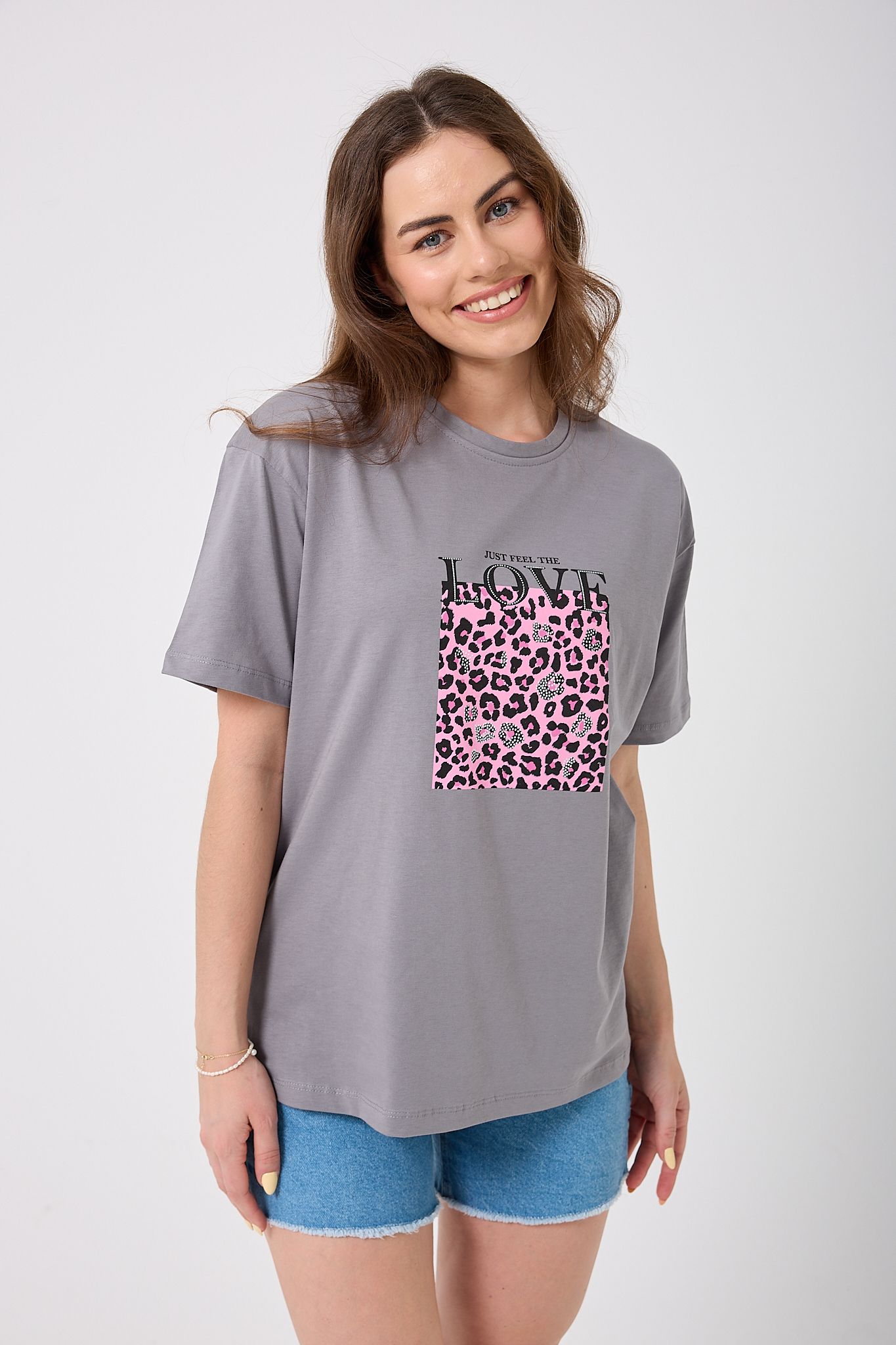 4620 - Oversize Just Feel The Love Yazı Baskılı T-Shirt