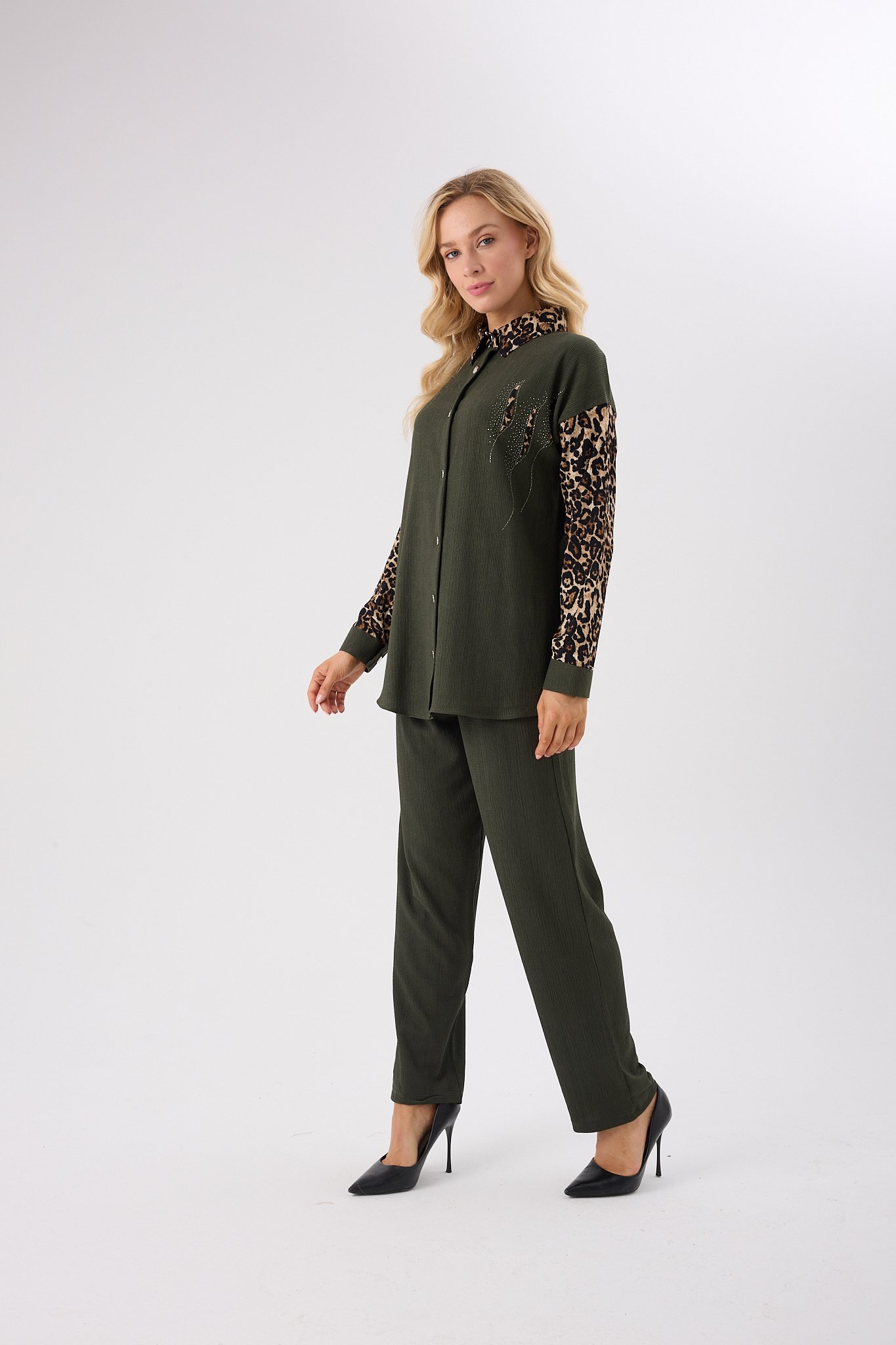 4633-Leopar Garnili Taşlı Alt Üst İkili Takım