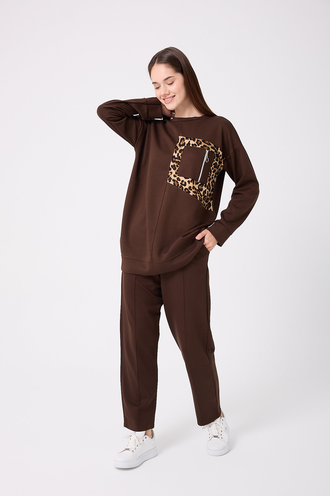 4644-Leopar Cep Garnili Fermuar Detaylı Alt Üst İkili Takım