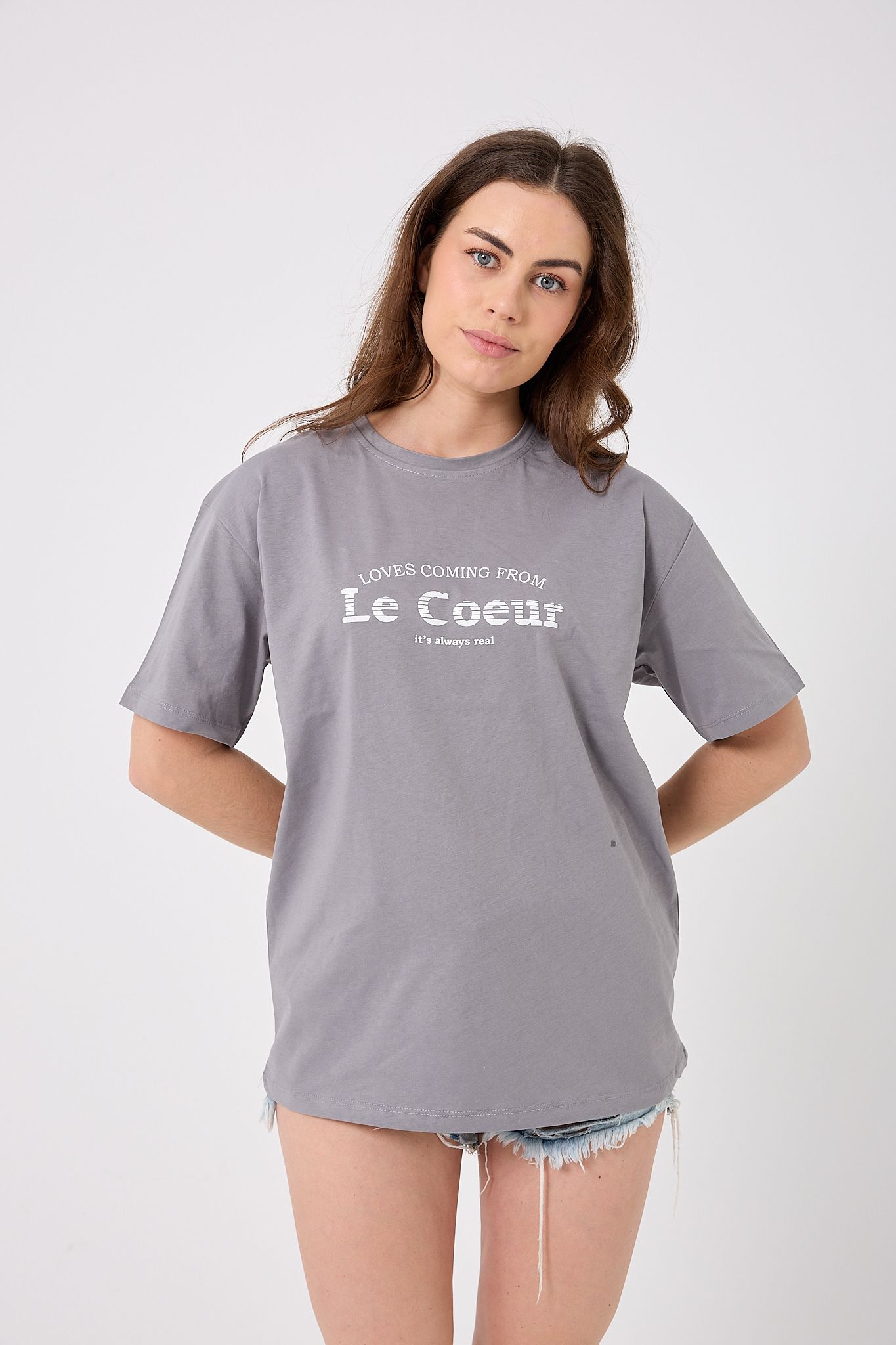 4615-Oversize Le Coeur Yazı Baskılı T-Shirt