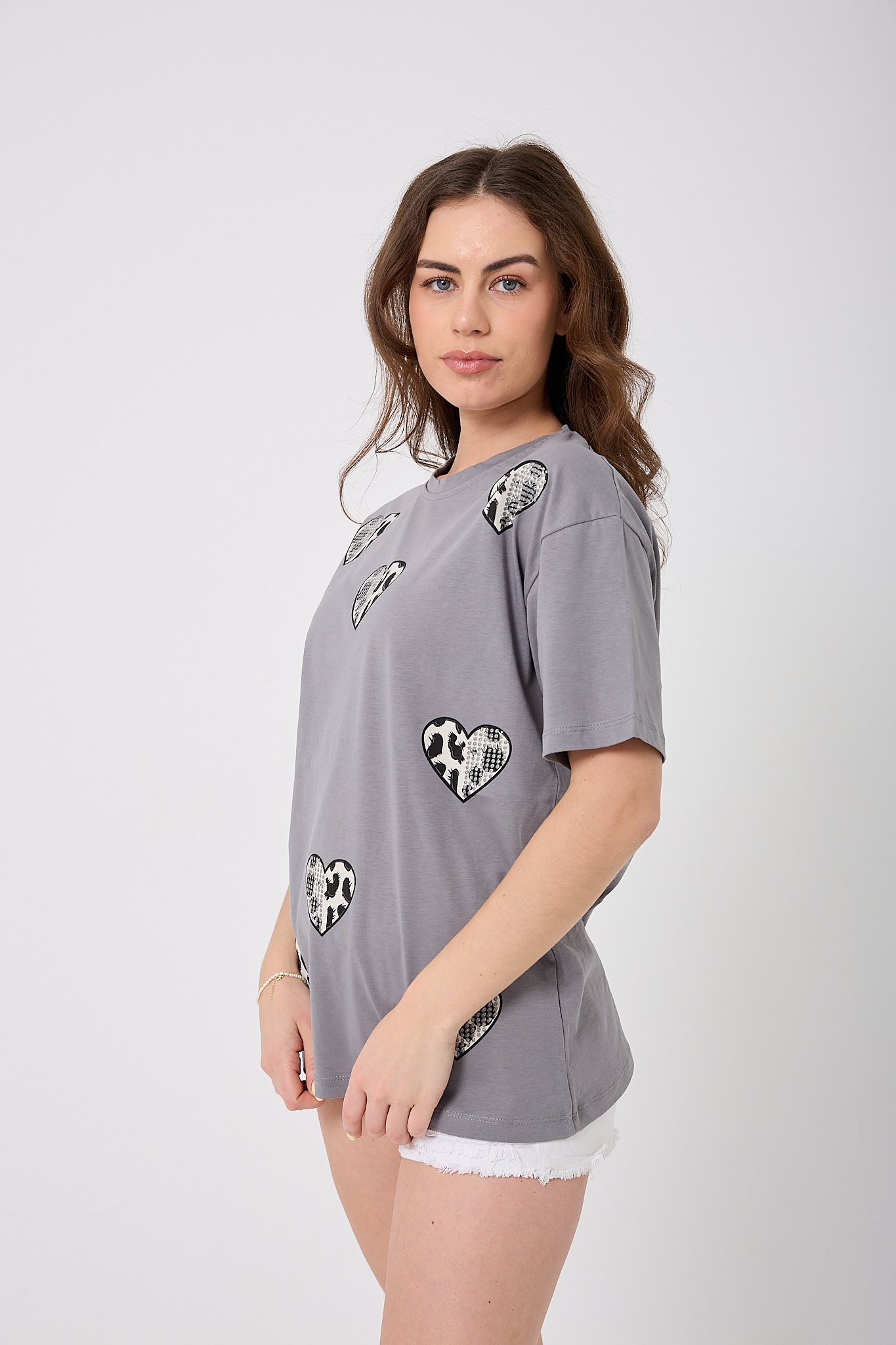4618 - Oversize TAŞLI KALP Baskılı T-Shirt