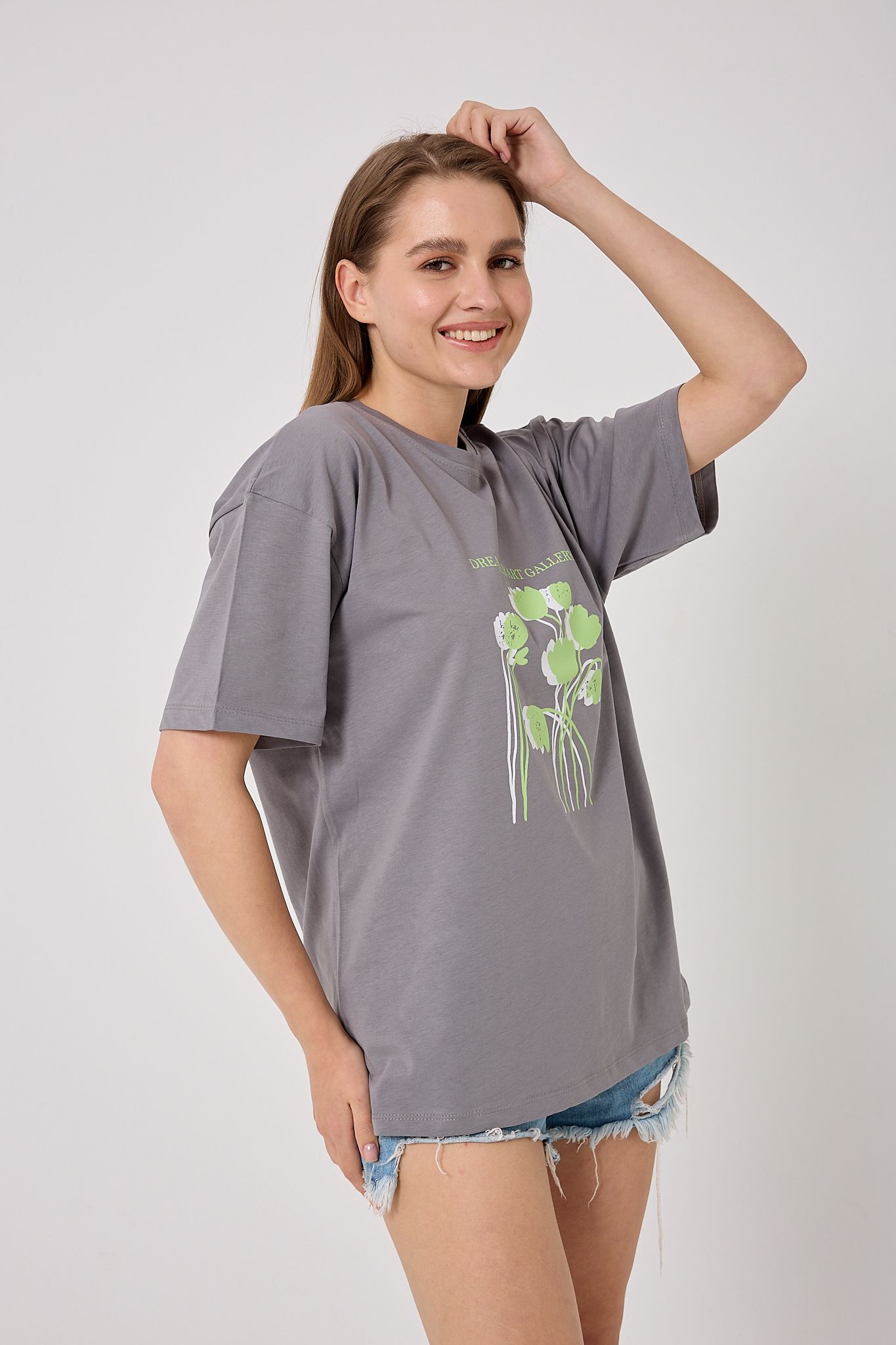 4614-Oversize DREAMER ART GALLERY Yazı Baskılı T-Shirt